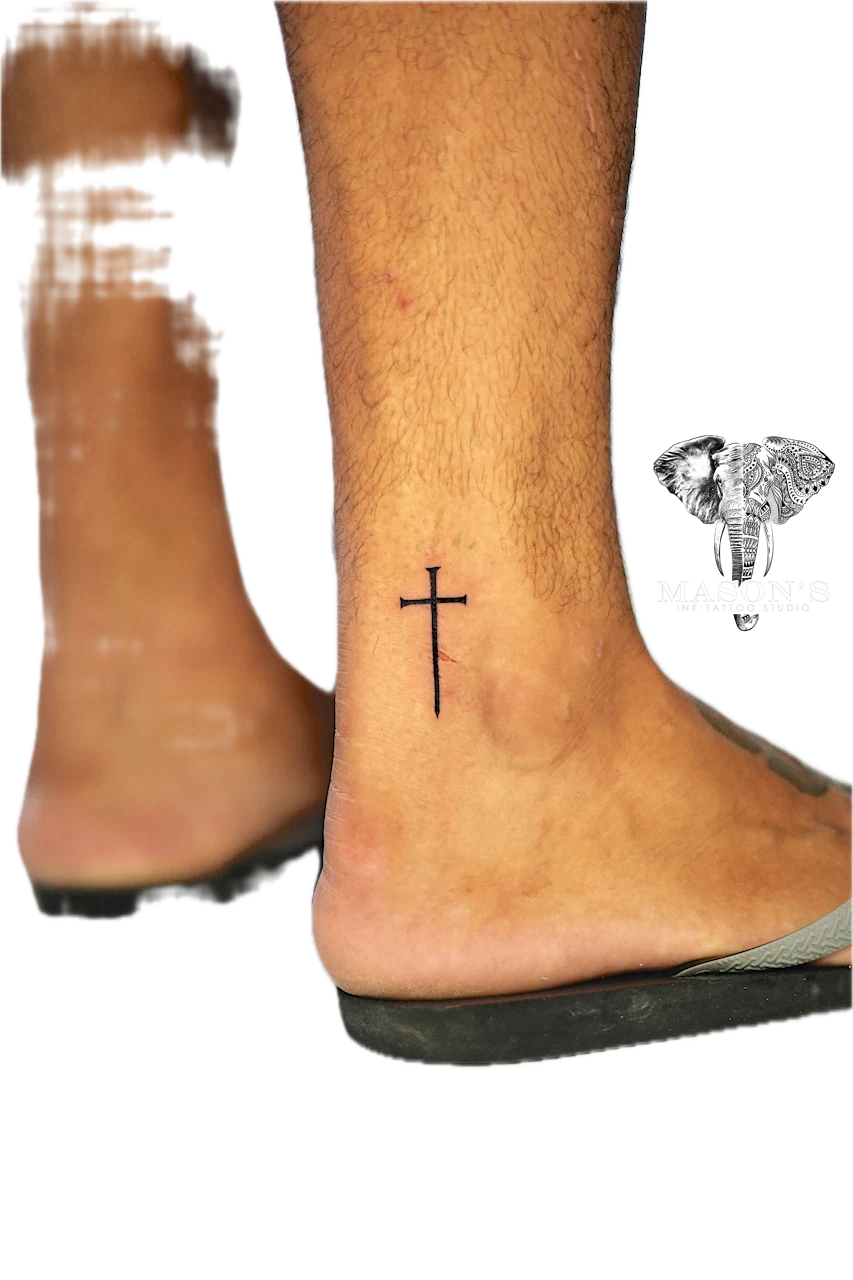Fine Line Tattoo Style Cross by Mason's Ink Tattoo Studio, Bali