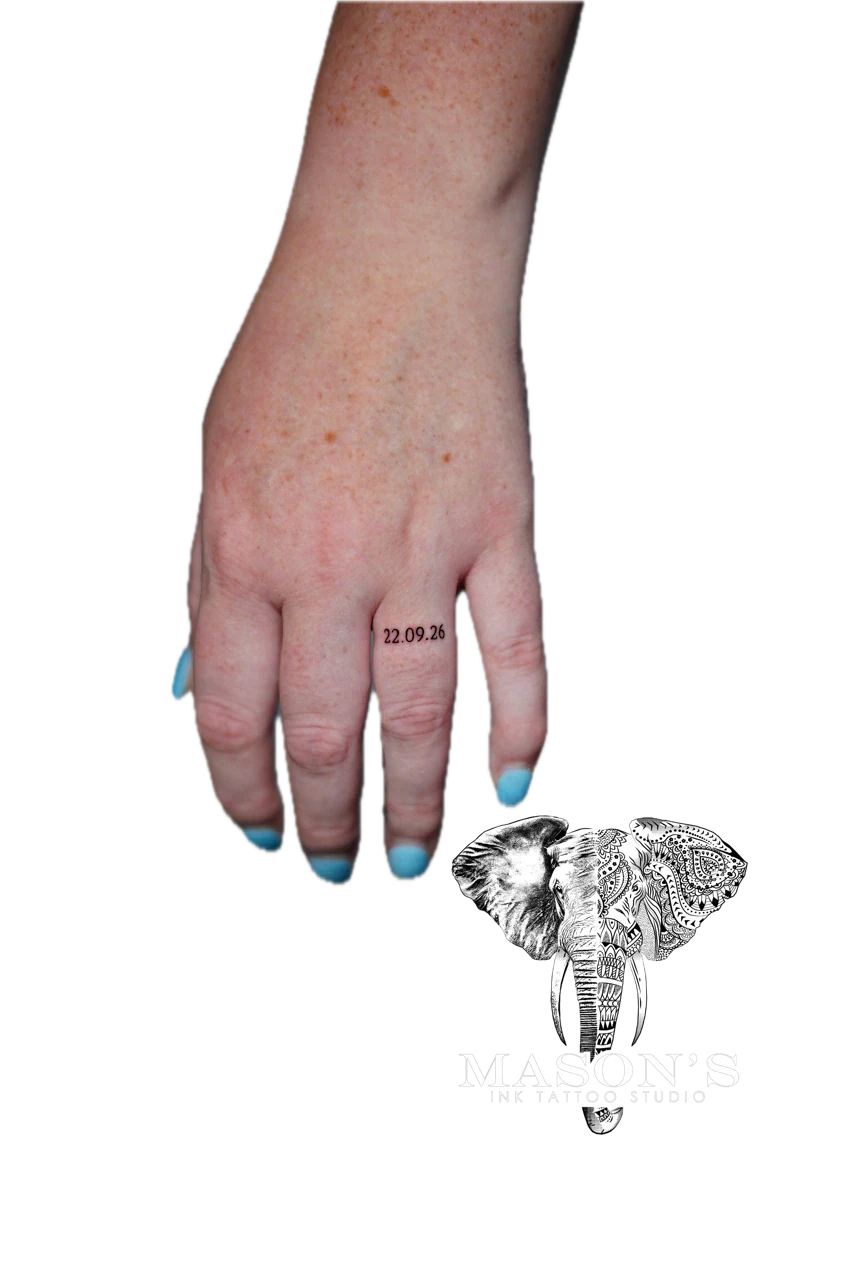 Fine Line Tattoo Style Script: a date tattooed on a finger