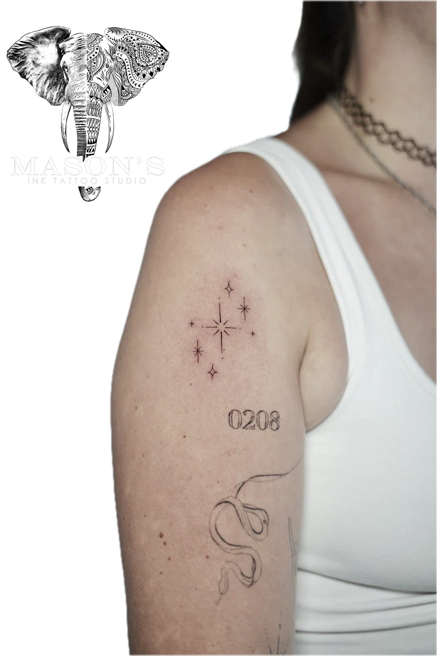 Fine Line Tattoo Style Sparkle Star by Mason's Ink Tattoo Studio, Bali