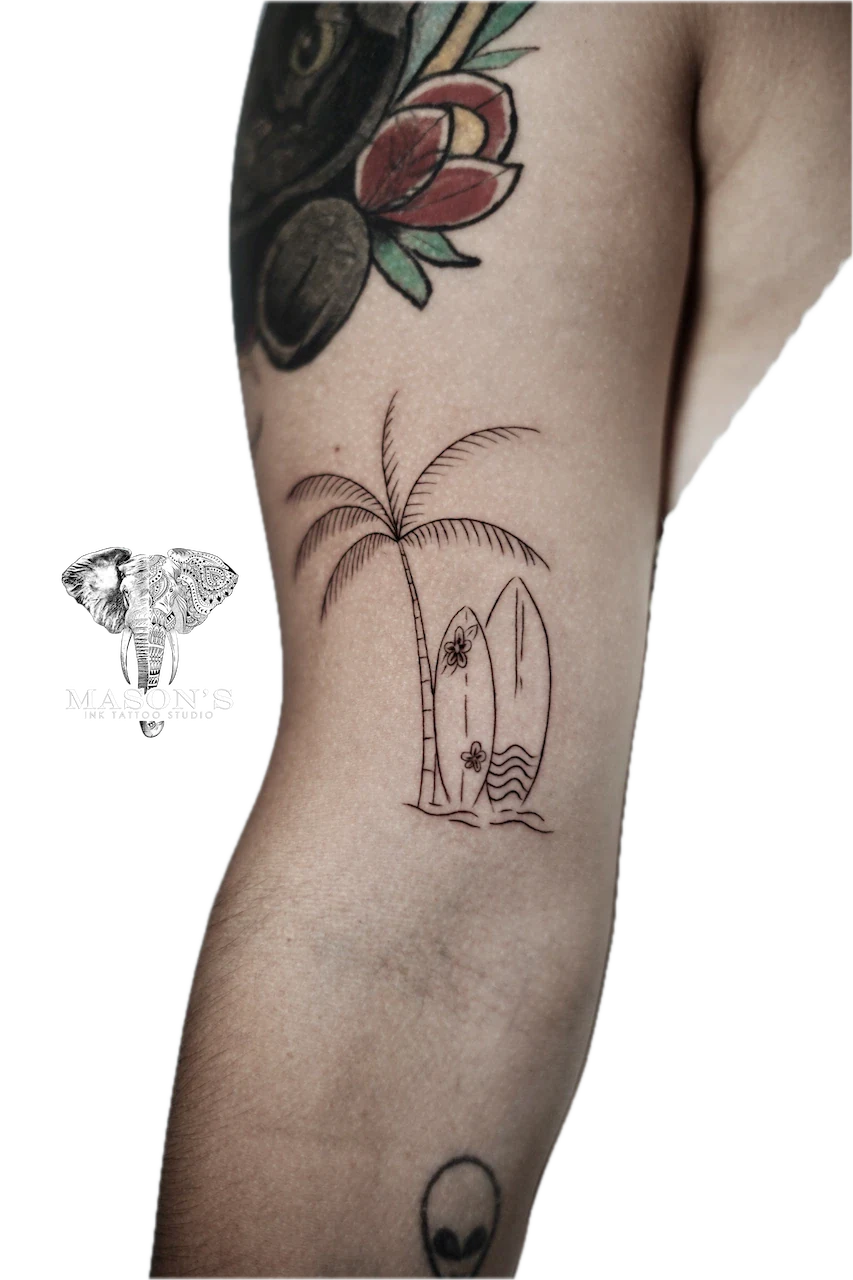 Fine Line Tree and Surf Tattoo Design by Mason's Ink Tattoo Studio, Bali