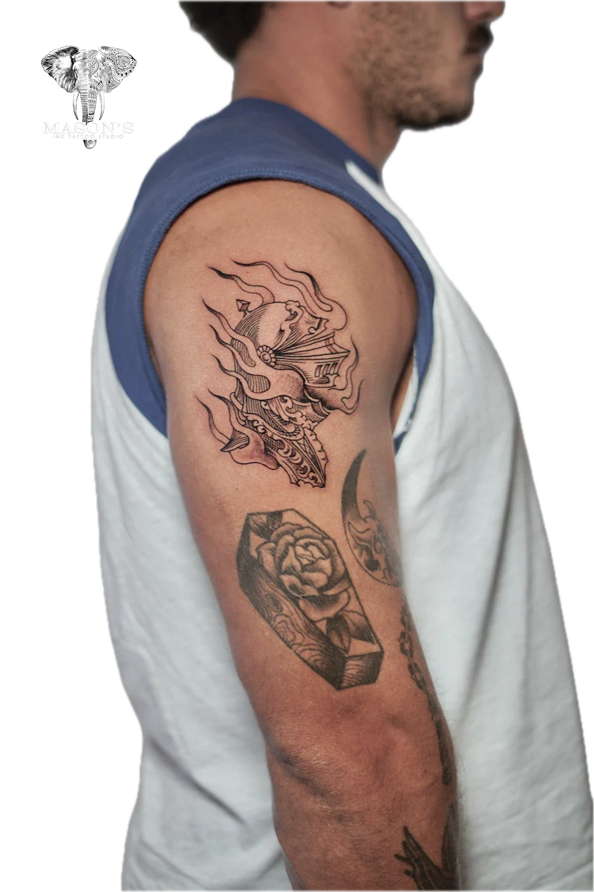 Fine Line Warrior Man Tattoo Design by Mason's Ink Tattoo Studio, Bali