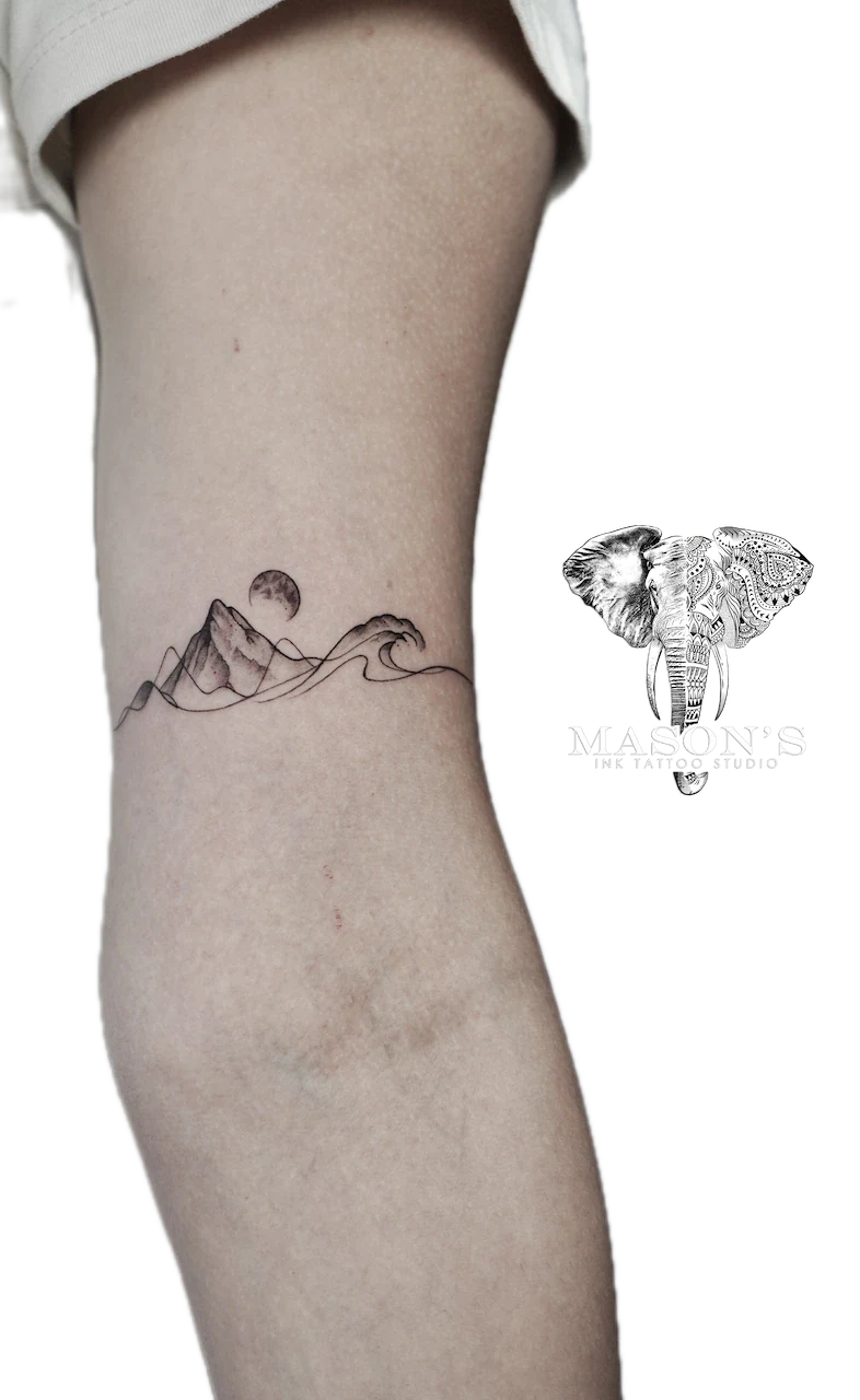 Fine Line Wave and Mountain Tattoo Design by Mason's Ink Tattoo Studio, Bali