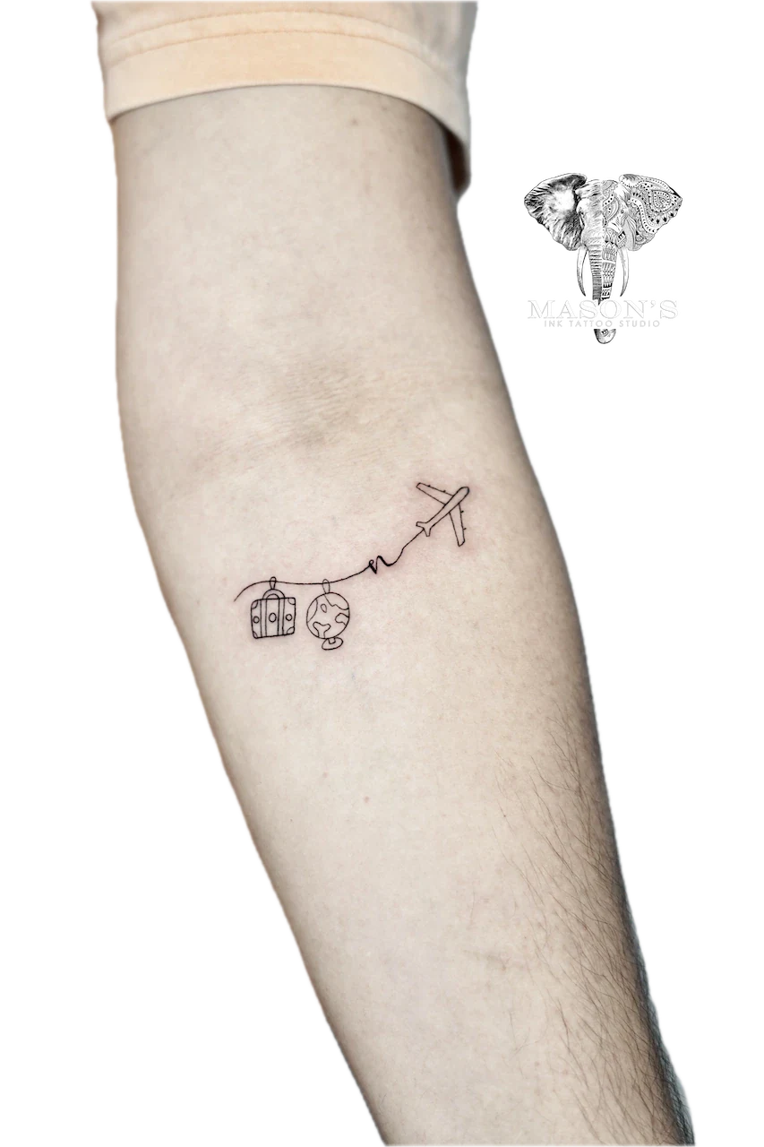Fine Line World, Earth, and Plane Tattoo Design - Fineline tattoo by Mason's Ink Tattoo Studio, Bali