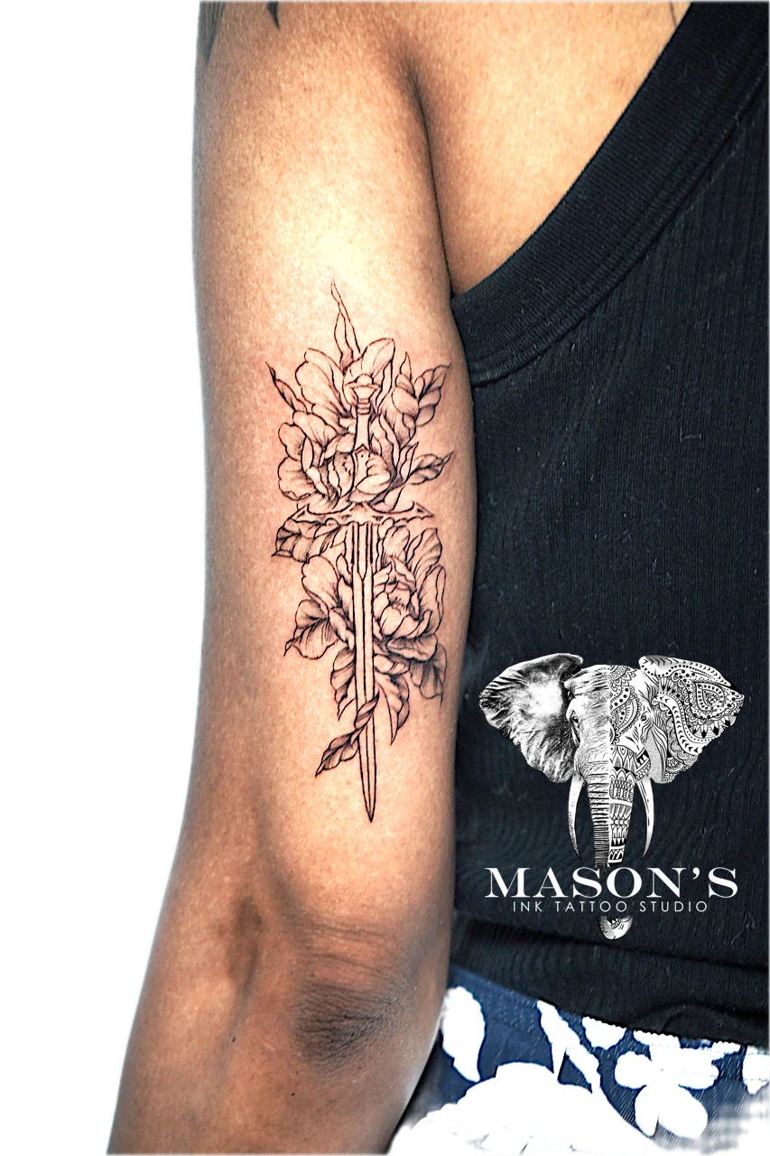 Fine Line Floral Sword Tattoo Design by Mason's Ink Tattoo Studio, Bali