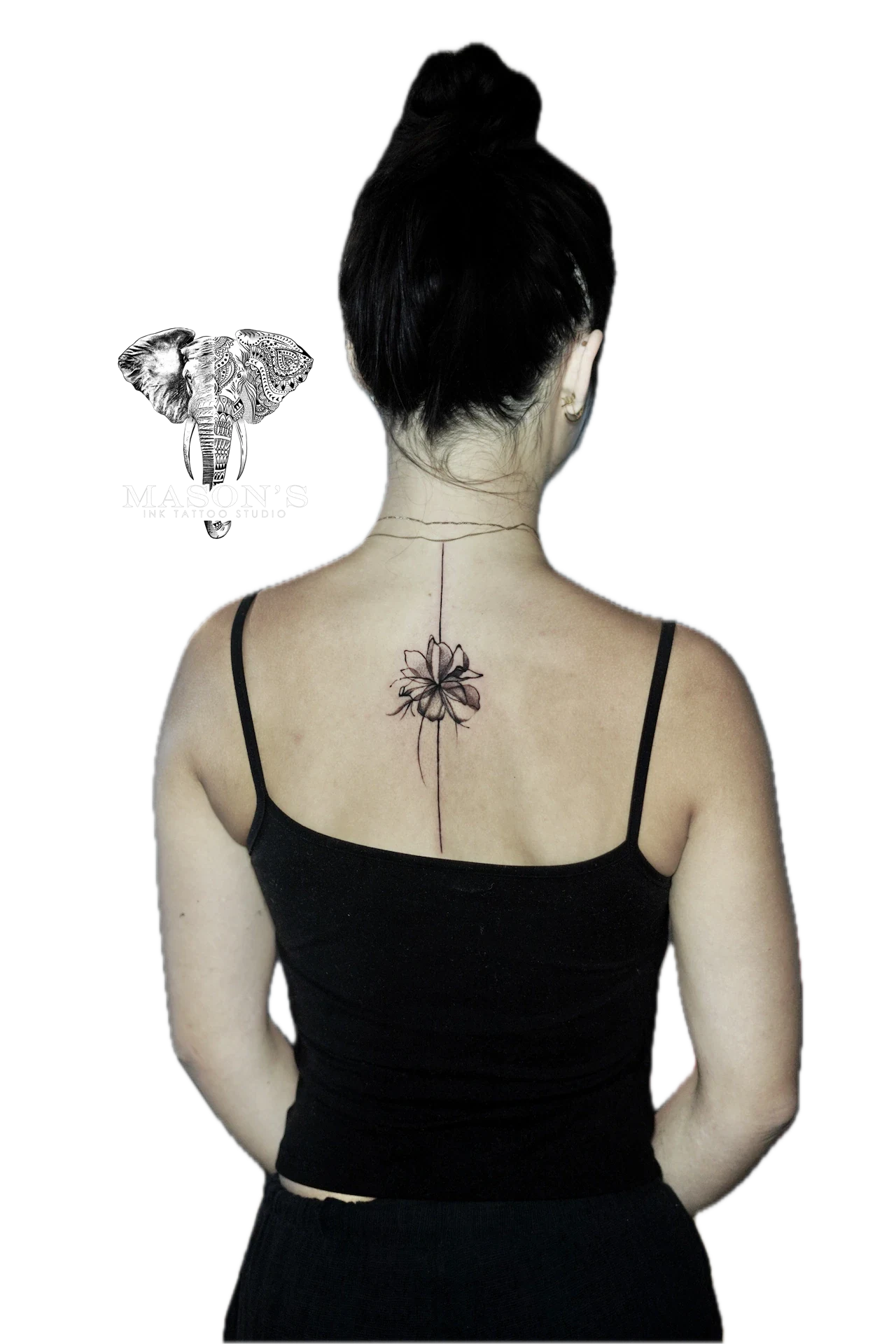 Fine Line Floral on Back with Centered Line tattoo by Mason's Ink Tattoo Studio, Bali