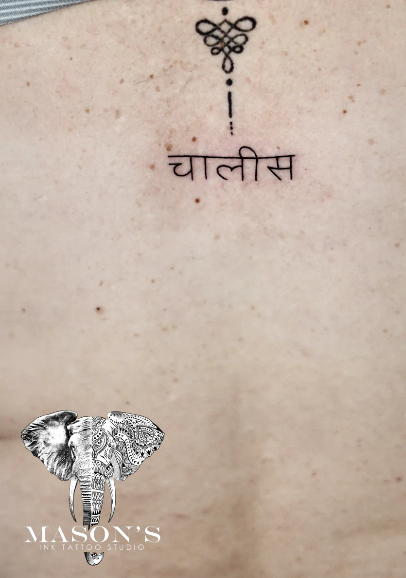 Fine Line Hindi Script tattoo by Mason's Ink Tattoo Studio, Bali