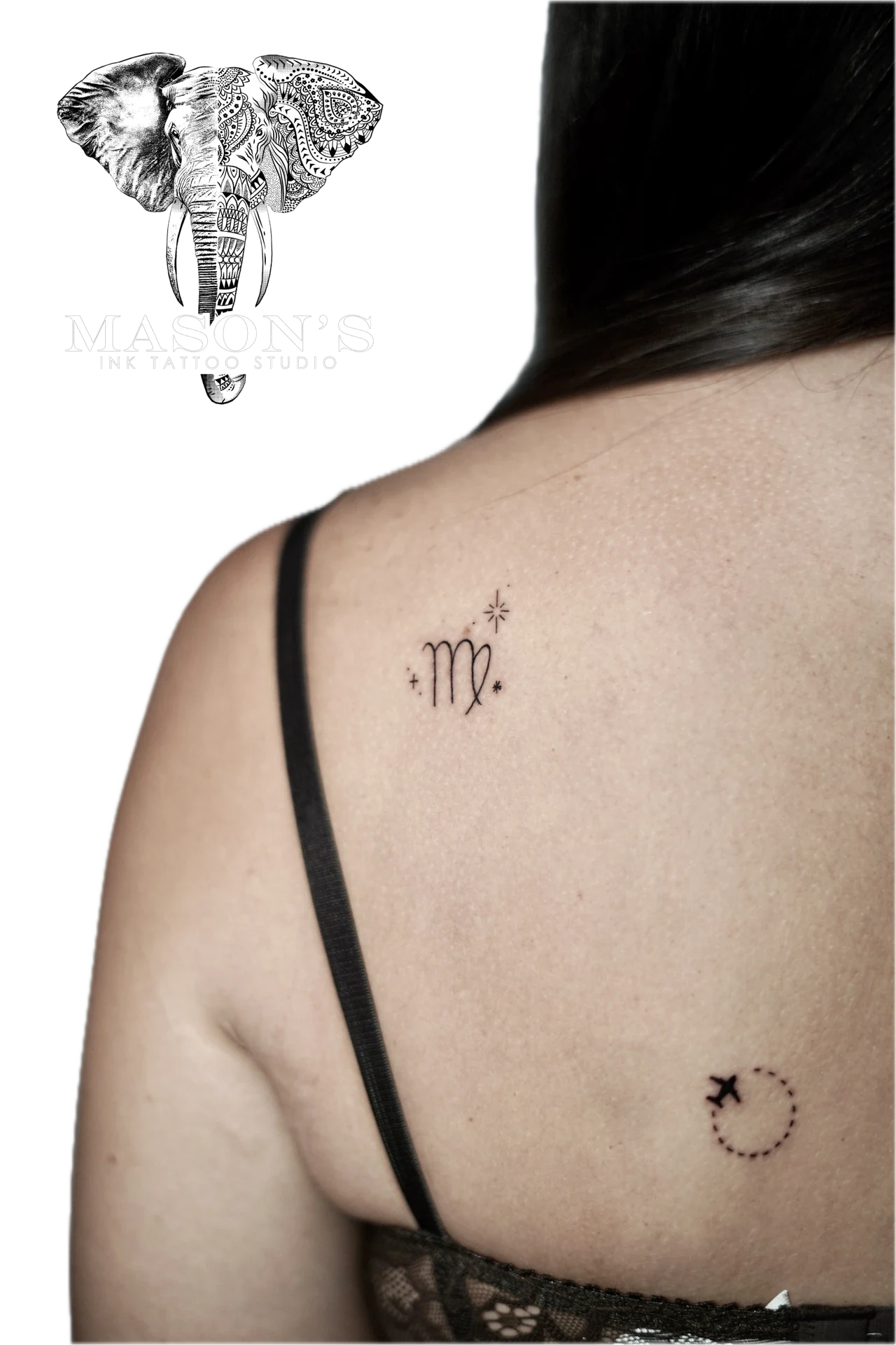 Fine Line Horoscope Scorpio Symbol Tattoo by Mason's Ink Tattoo Studio, Bali