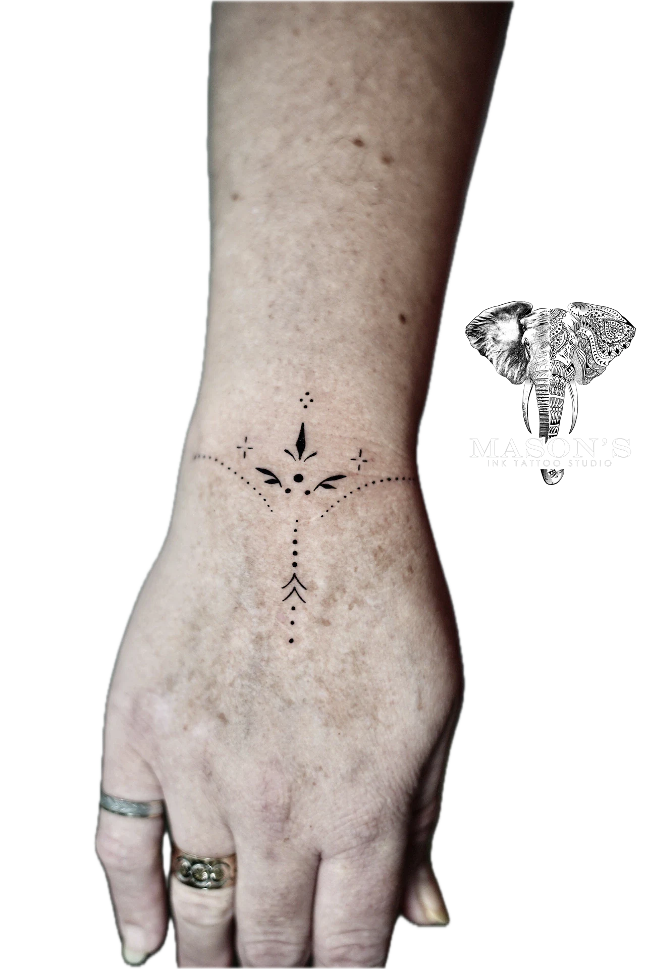 Fine Line Ornamental Minimalis Hand Tattoo by Mason's Ink Tattoo Studio, Bali
