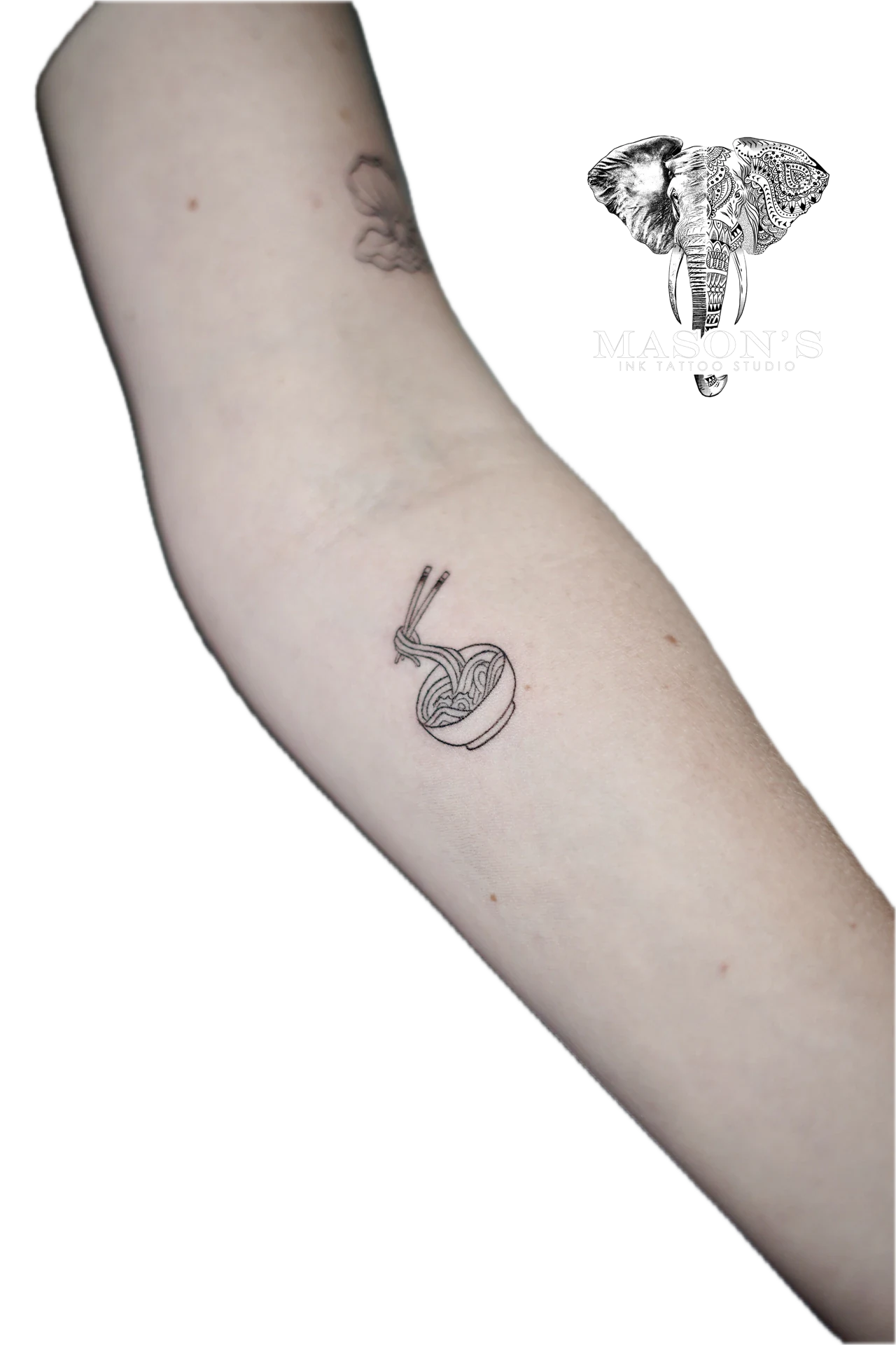Fine Line Ramen Noodle in Bowl Tattoo by Mason's Ink Tattoo Studio, Bali