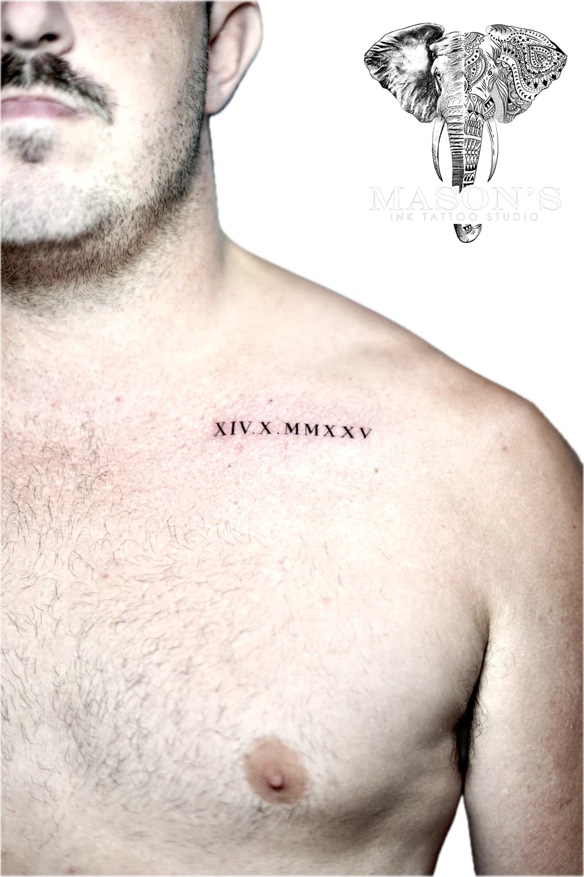 Fineline Roman Script Tattoo Design: Roman numerals tattooed on the chest