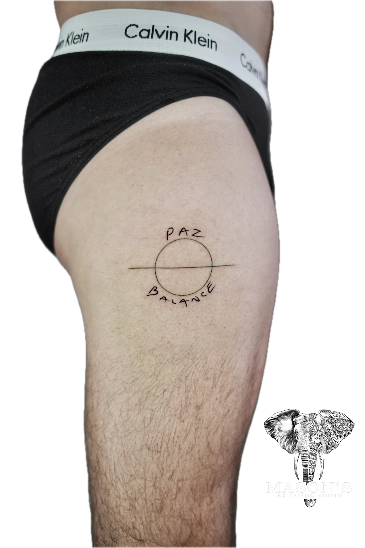 Fineline Script Paz Balance Tattoo Design: Minimalist lettering and circle design on the knee