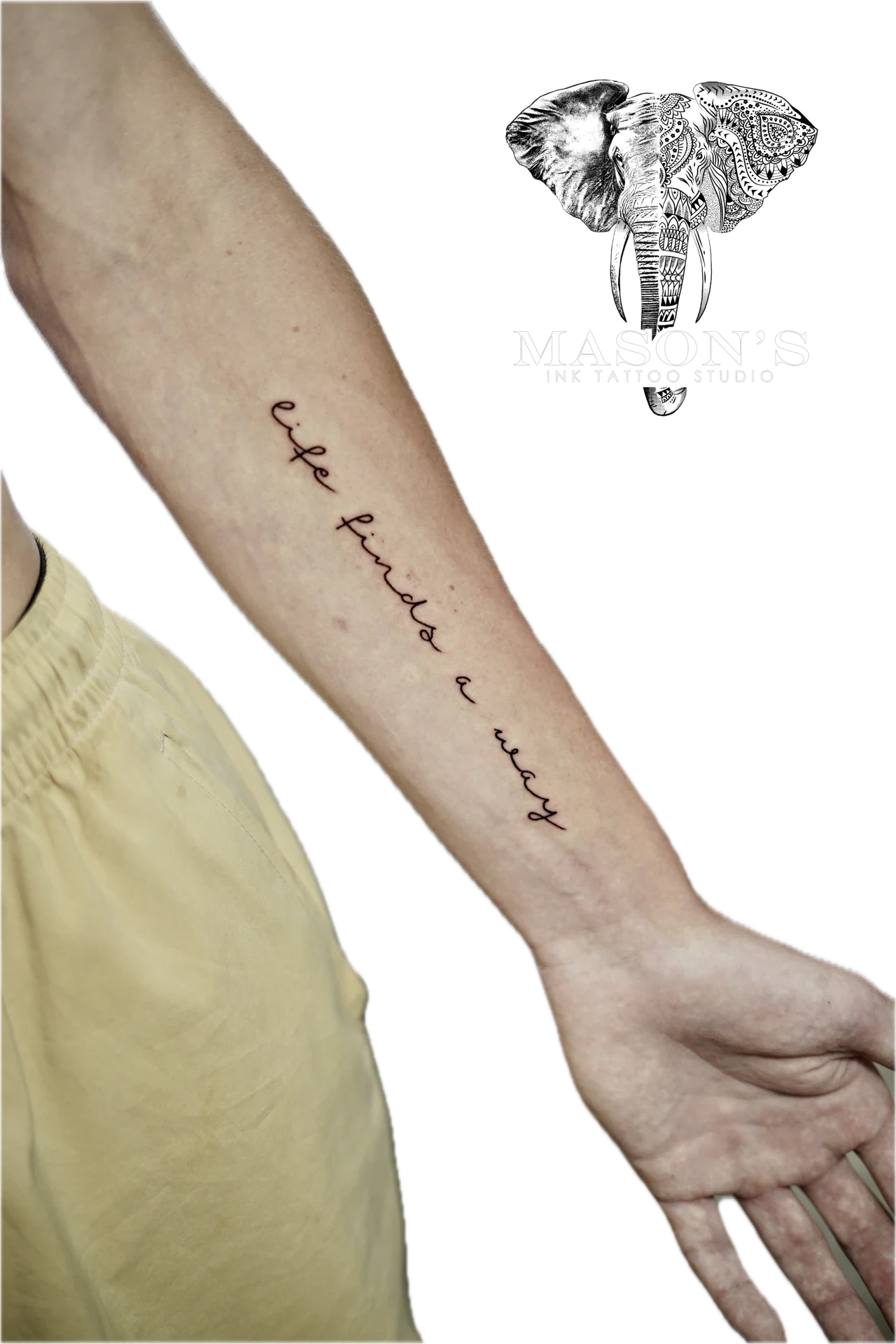Fine Line Script Tattoo Life Finds a Way by Mason's Ink Tattoo Studio, Bali