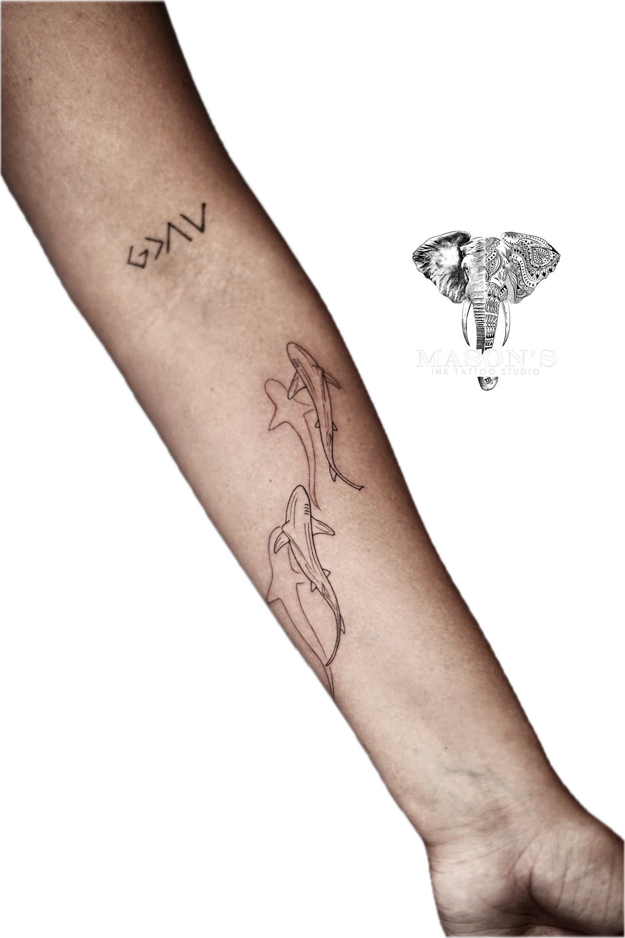 Fine Line Sharks with Shadow Tattoo by Mason's Ink Tattoo Studio, Bali