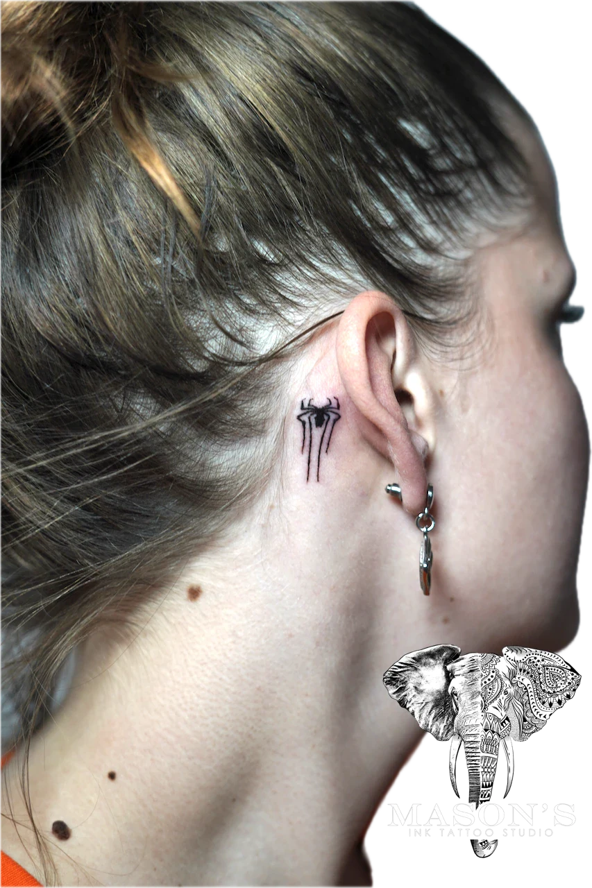 Fine Line Spider Logo Tattoo Design by Mason's Ink Tattoo Studio, Bali