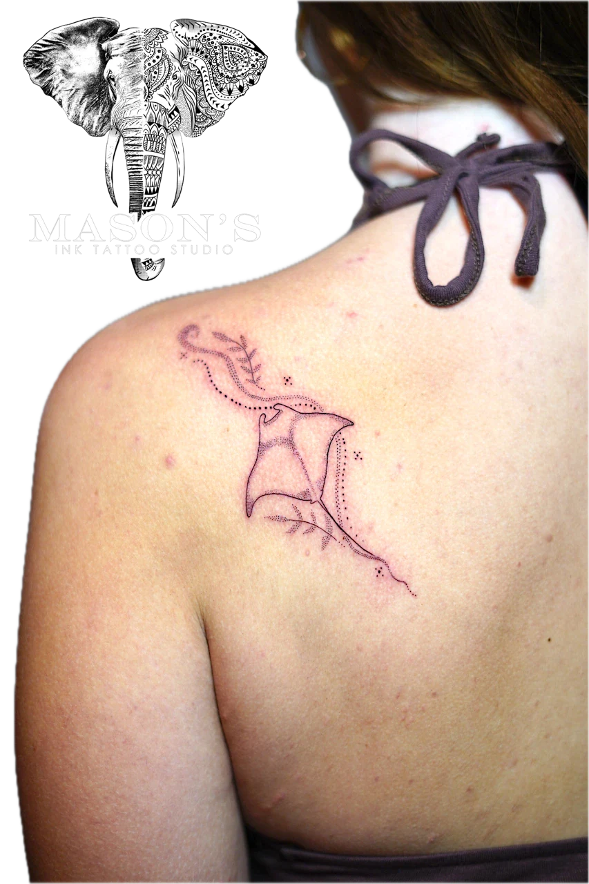 Fineline Stingray Tattoo Design: a minimalist bat with leaves and vines on the shoulder