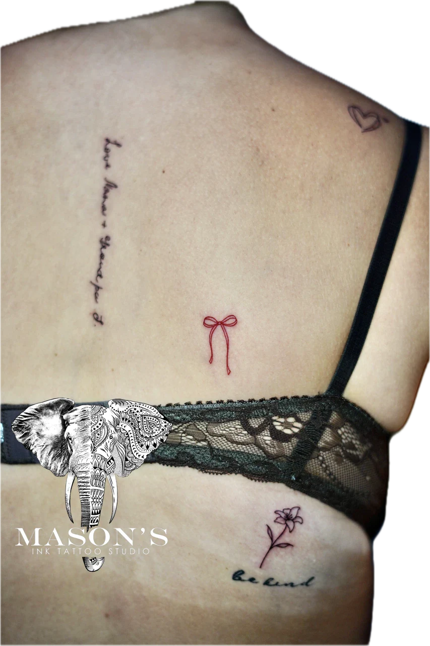 Fine Line Tattoo Flower, Heart, Hair Ribbon by Mason's Ink Tattoo Studio, Bali