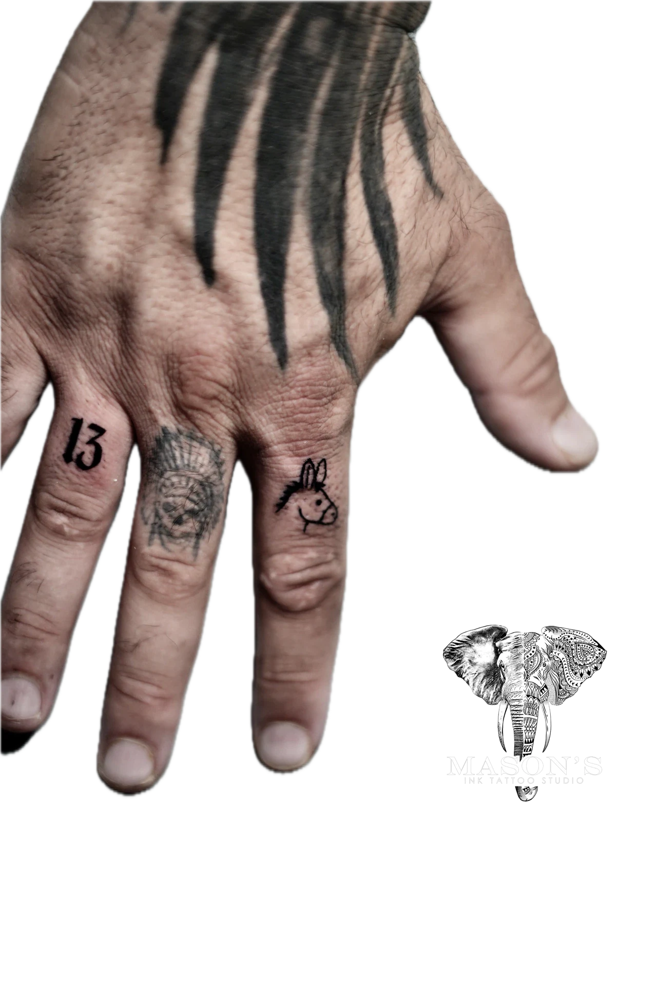 Fineline Horse 13 Number Tattoo Design: Hand tattoo with zebra stripes, eye, rabbit, and number
