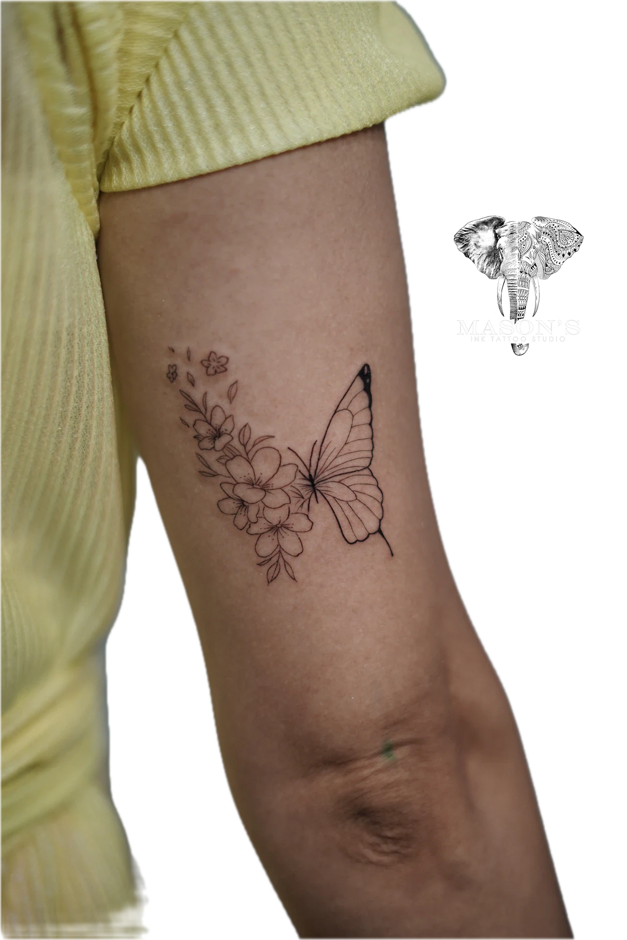 Floral Butterfly Fine Line Tattoo Design by Mason's Ink Tattoo Studio, Bali