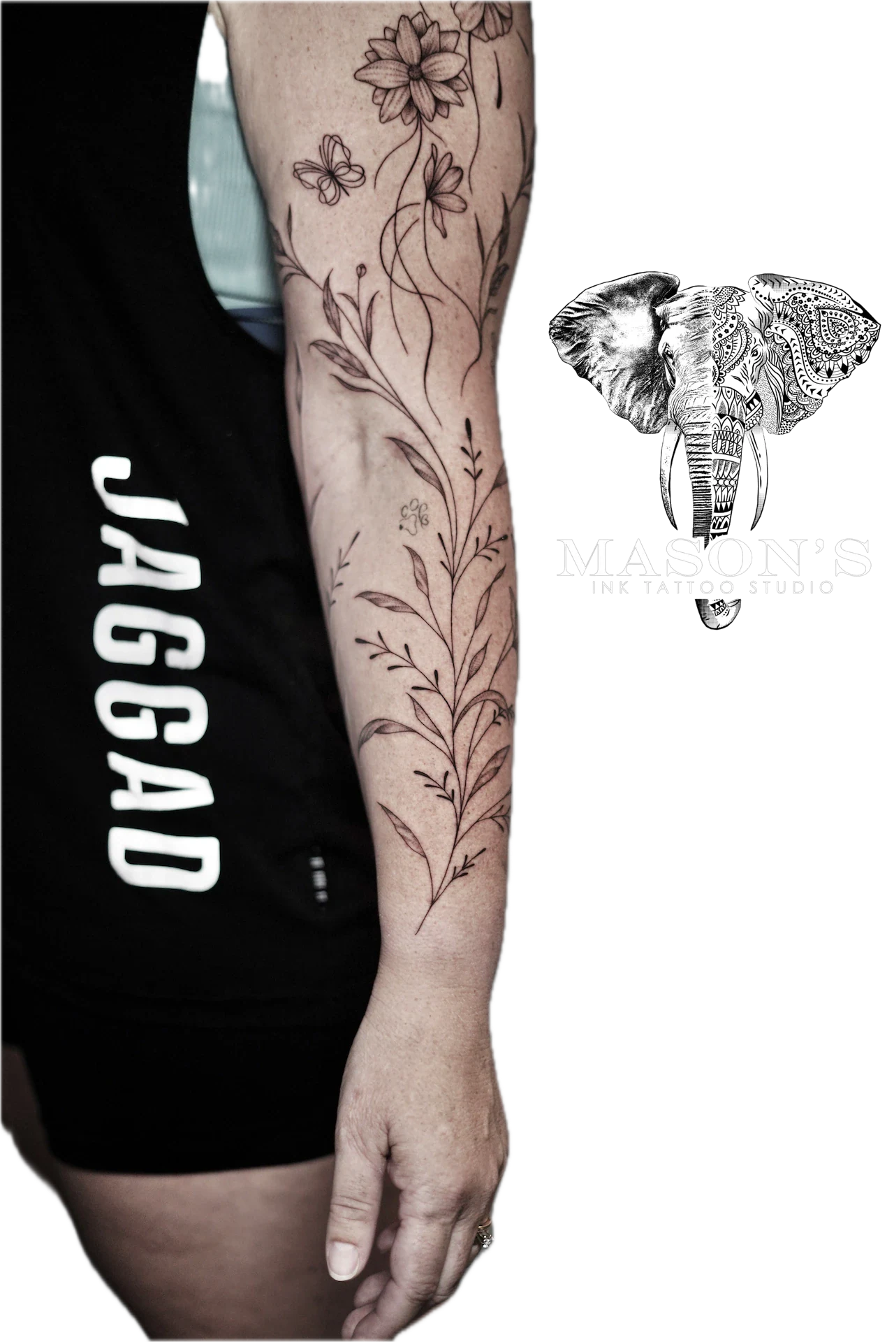 Full Hand Floral Fine Line Tattoo by Mason's Ink Tattoo Studio, Bali