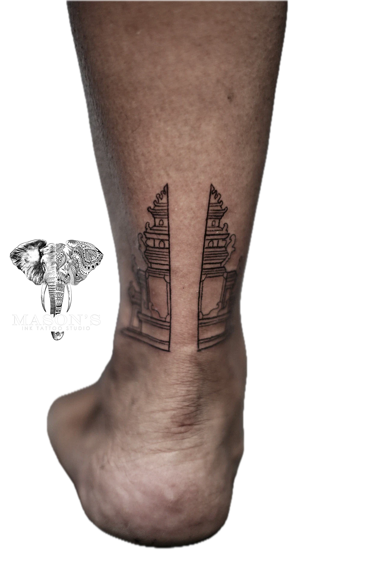 Line Work Gapura Temple Tattoo by Mason's Ink Tattoo Studio, Bali