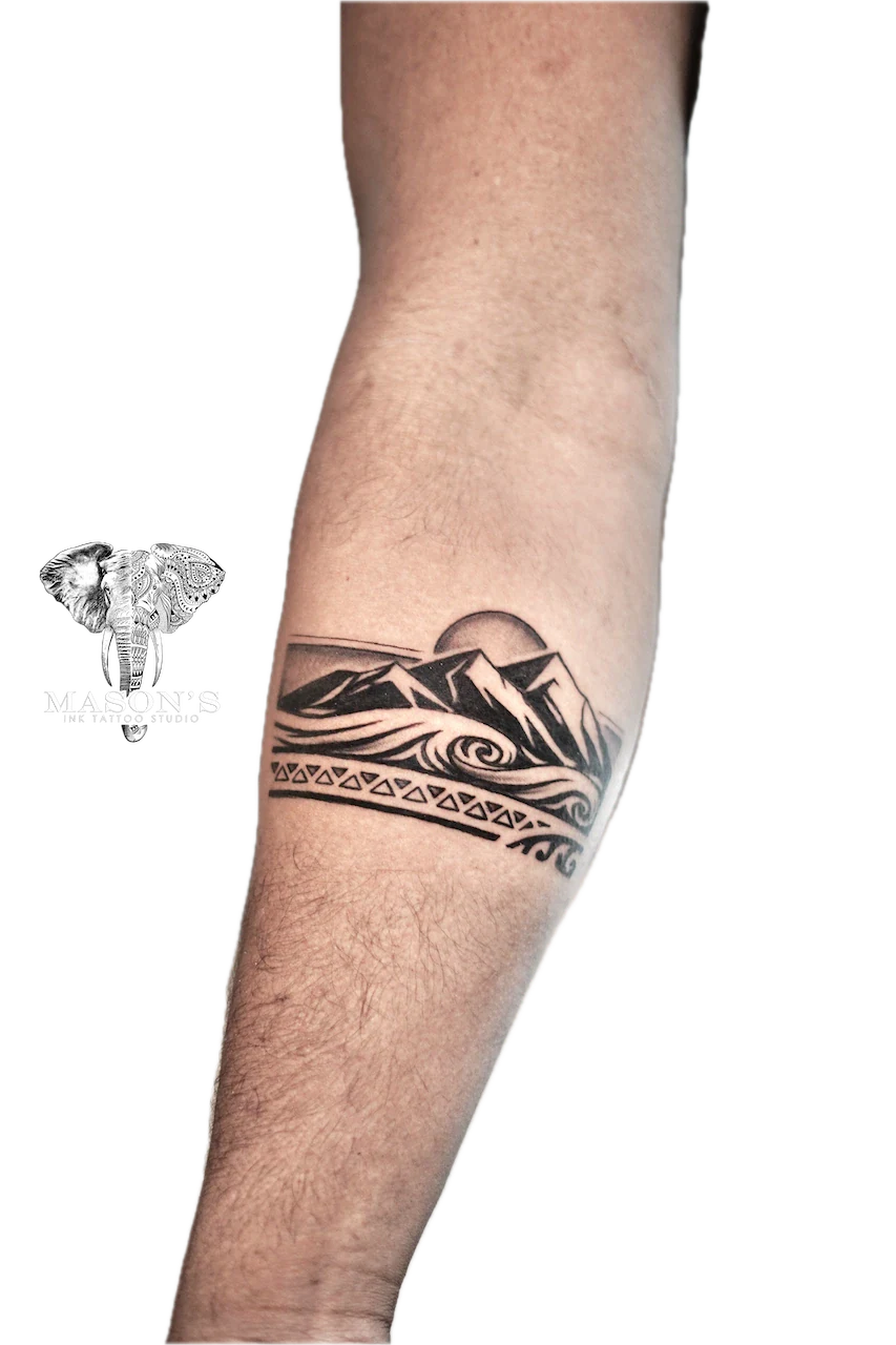 Line Work Mountain Armband Tattoo Design by Mason's Ink Tattoo Studio, Bali