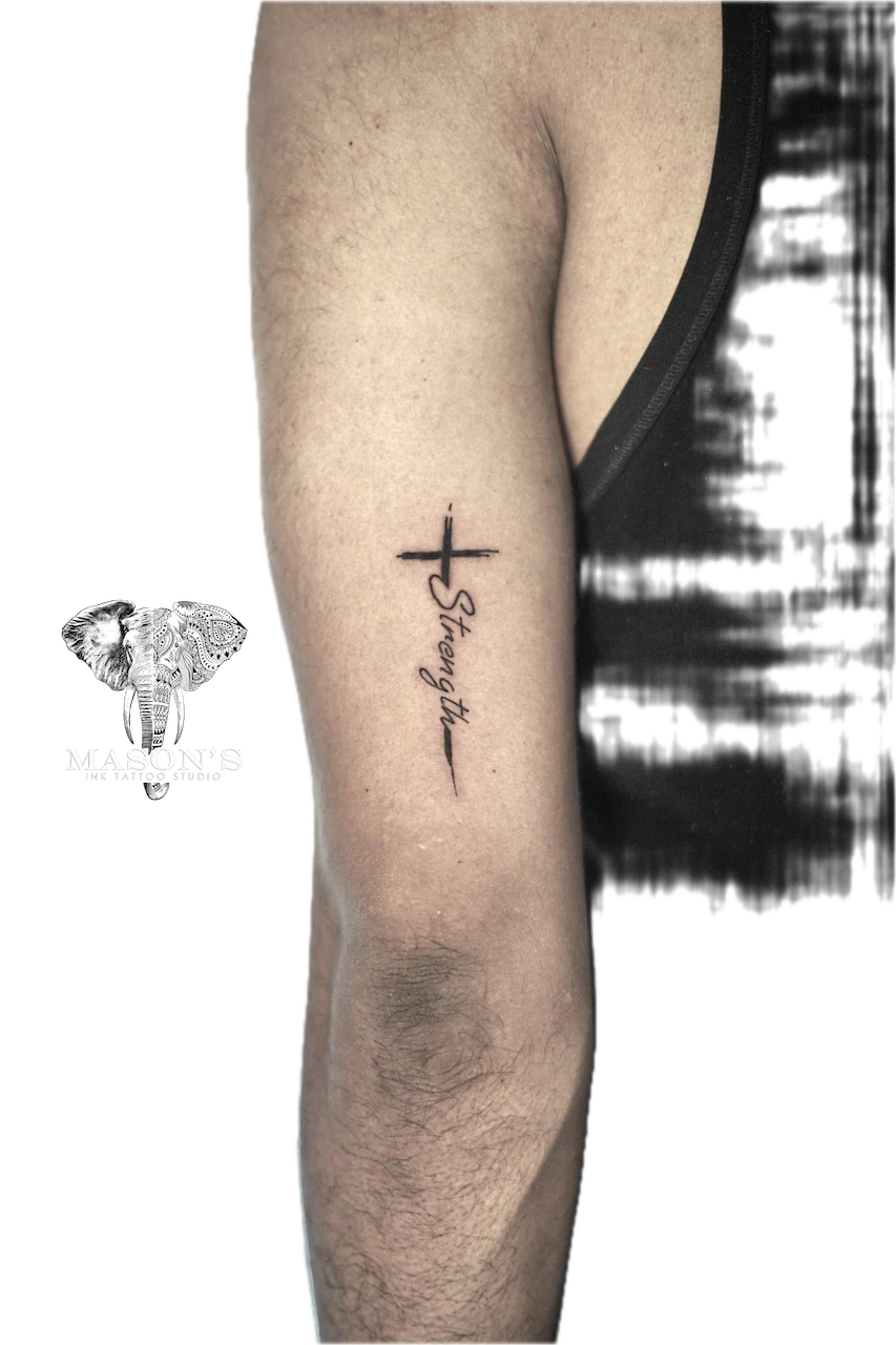 Line Work Scroll and Script Tattoo Design by Mason's Ink Tattoo Studio, Bali