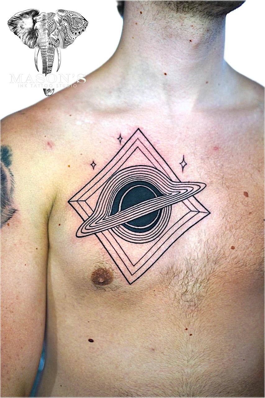 Line Work Tattoo Style Saturn by Mason's Ink Tattoo Studio, Bali