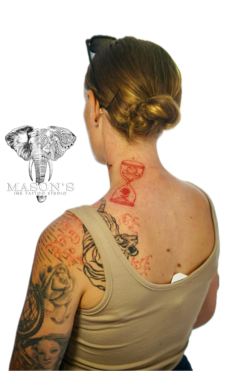 Red Hourglass Fine Line Tattoo Design - Fineline tattoo by Mason's Ink Tattoo Studio, Bali