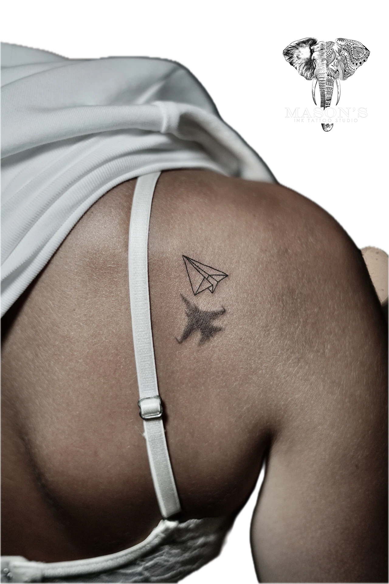 Fine Line Paper Plane tattoo by Mason's Ink Tattoo Studio, Bali