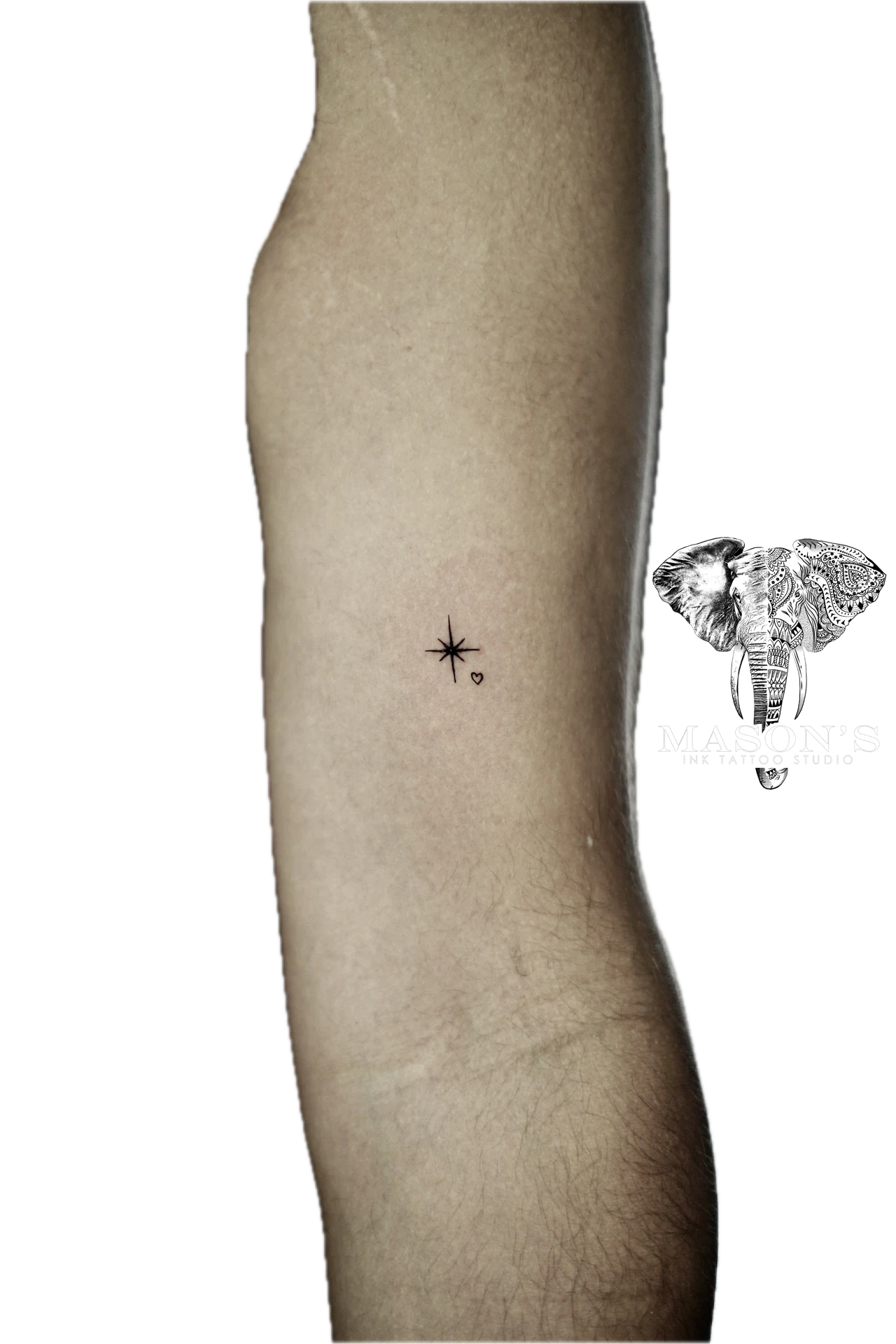 Fineline Star Heart Tattoo Design: a small star and heart geometric pattern on a calf