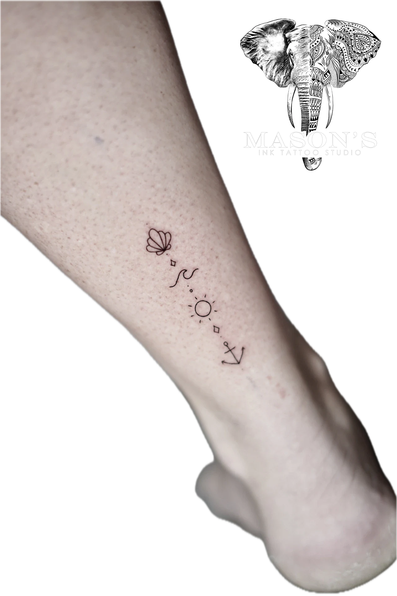 Fine Line Wave, Clam, Sun and Anchor tattoo by Mason's Ink Tattoo Studio, Bali