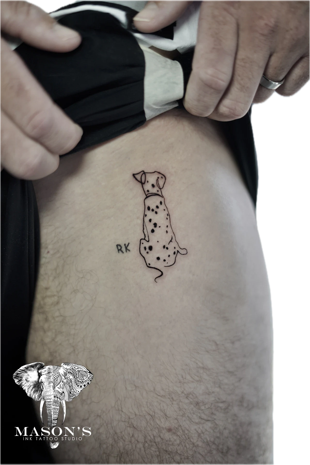 Japanese Fine Line Dog - Pet Memoriam tattoo by Mason's Ink Tattoo Studio, Bali
