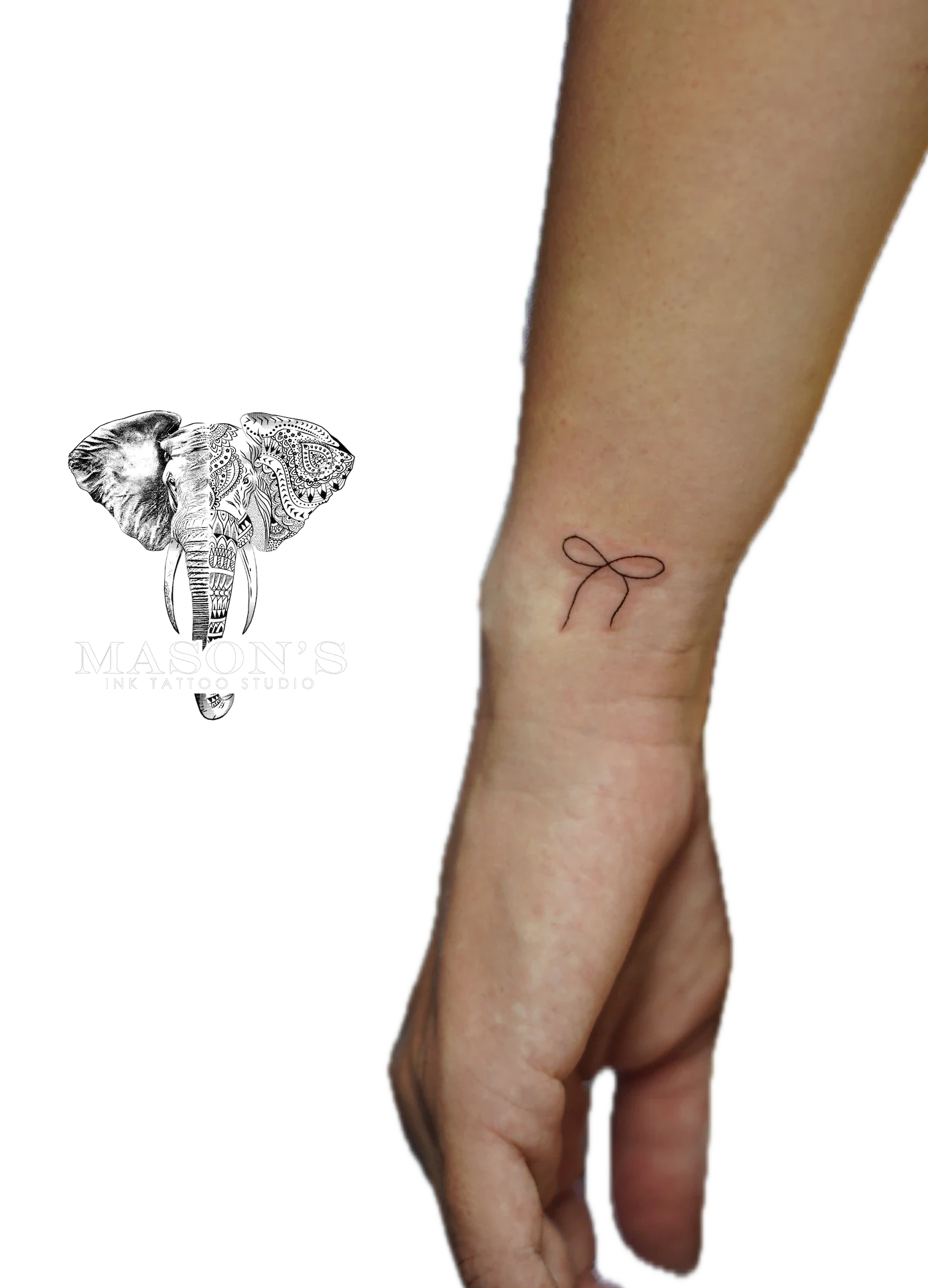 Fine Line Ribbon Tattoo Design: a small minimalist bow tattoo on the wrist