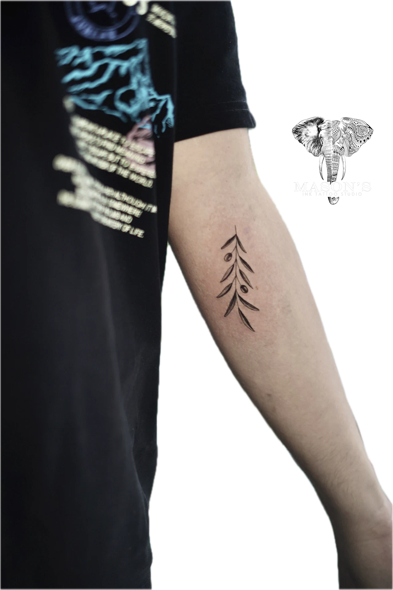 Fine Line Leaf Tattoo Design: Minimalist tree branch tattoo on the forearm