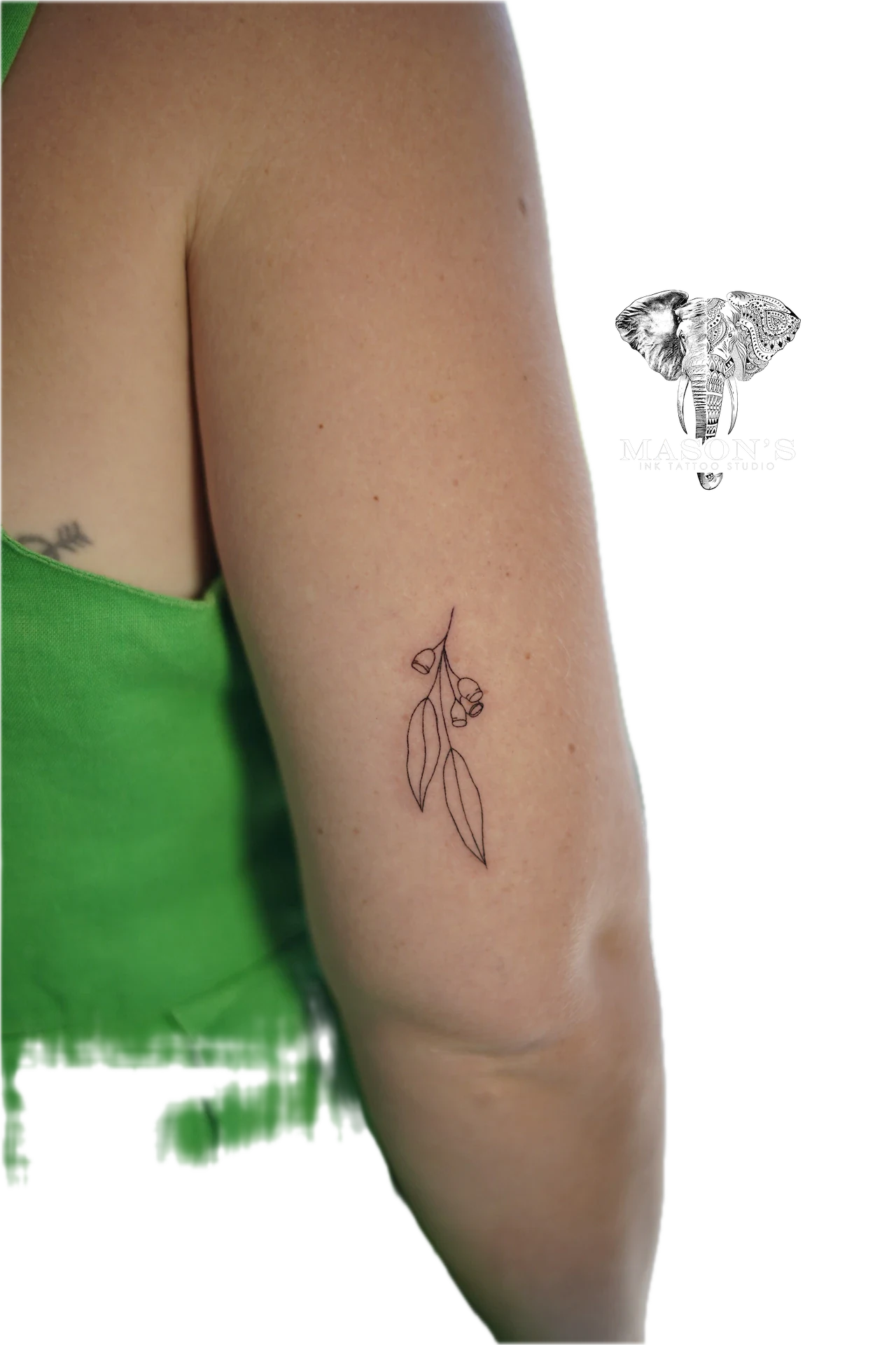 Fine Line Leaf Tattoo Design: a delicate black and grey floral tattoo on the forearm