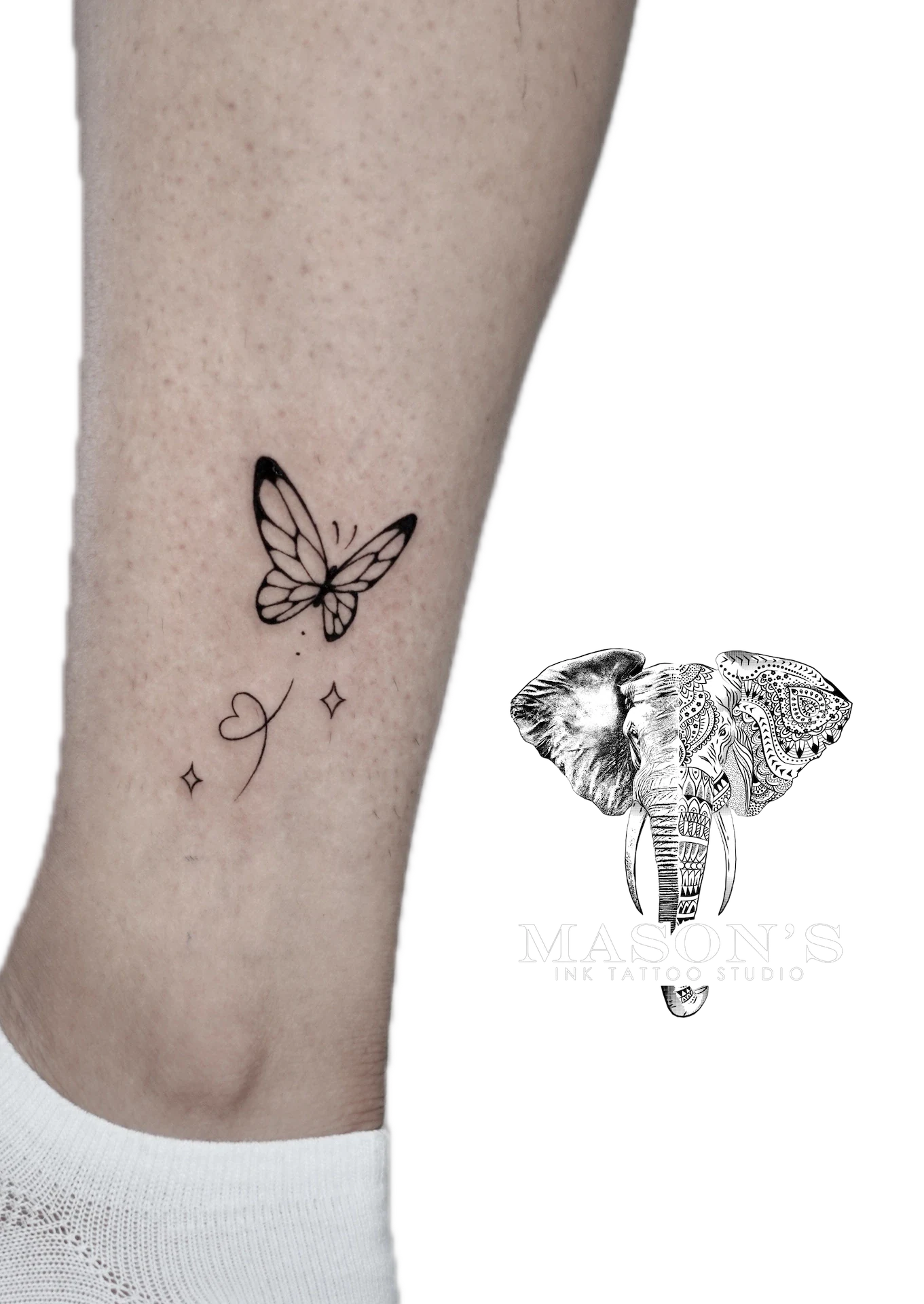 Fine Line Butterfly Tattoo Design: a small butterfly with hearts and diamonds on a calf