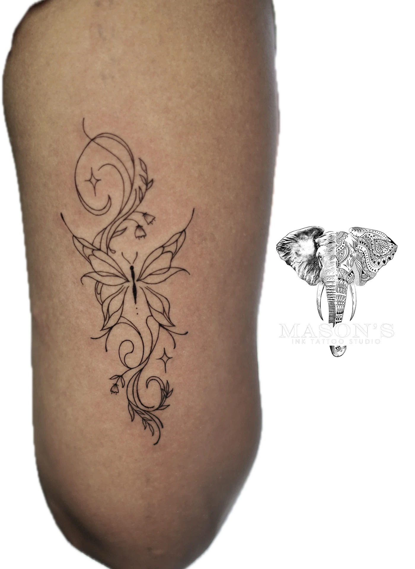 Fine Line Butterfly Tattoo Design: a delicate floral vine with stars and leaves on the upper arm