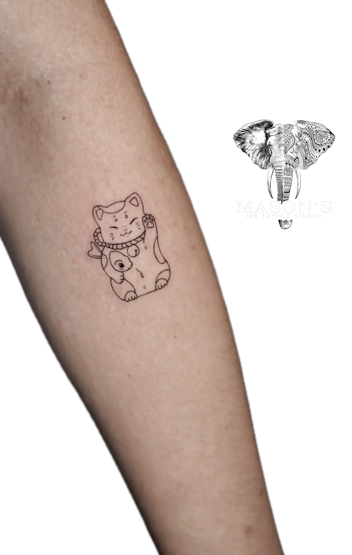 Fine Line Cat Chinese tattoo by Mason's Ink Tattoo Studio, Bali