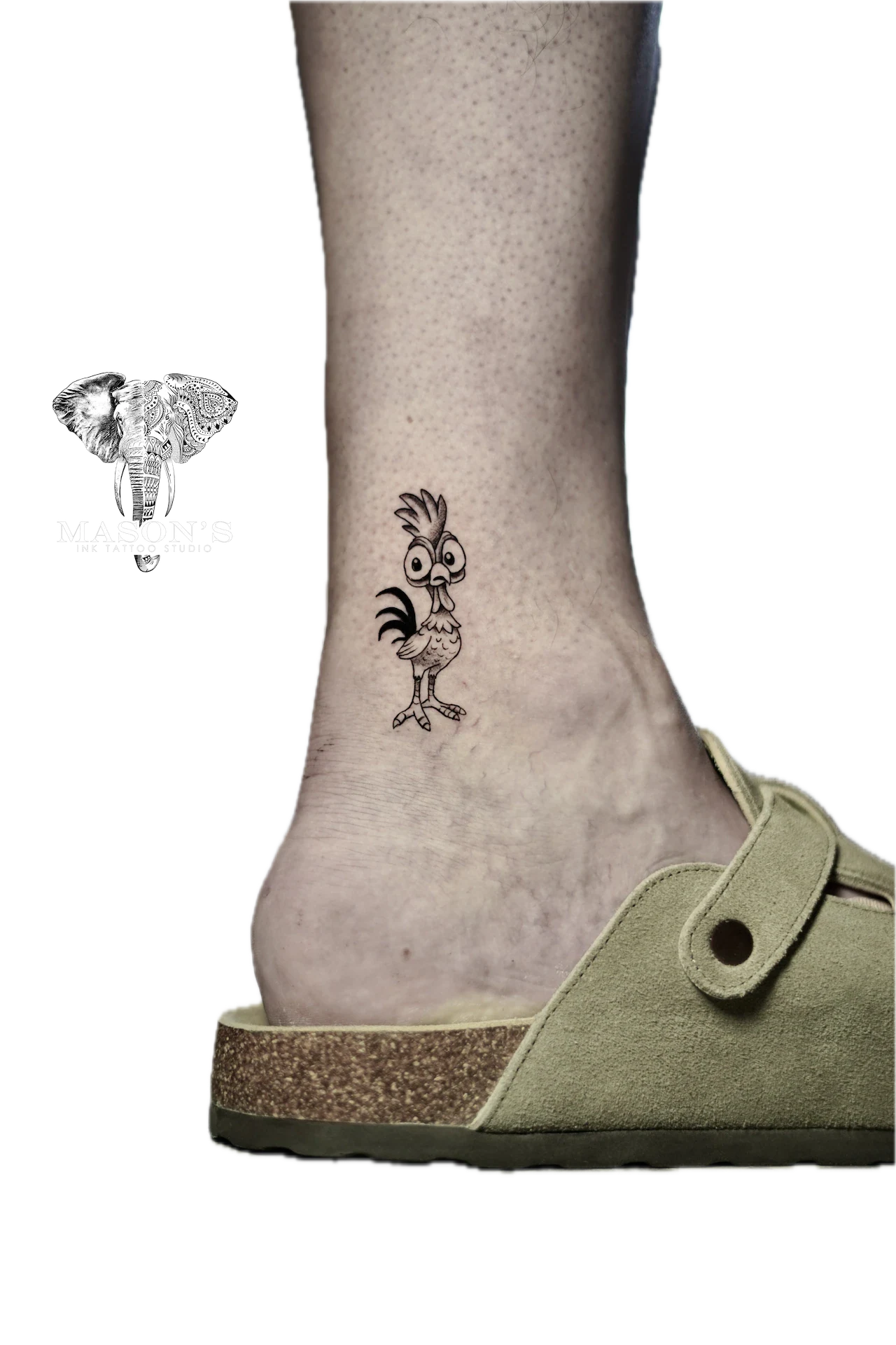 Fine Line Chicken Confuse tattoo by Mason's Ink Tattoo Studio, Bali