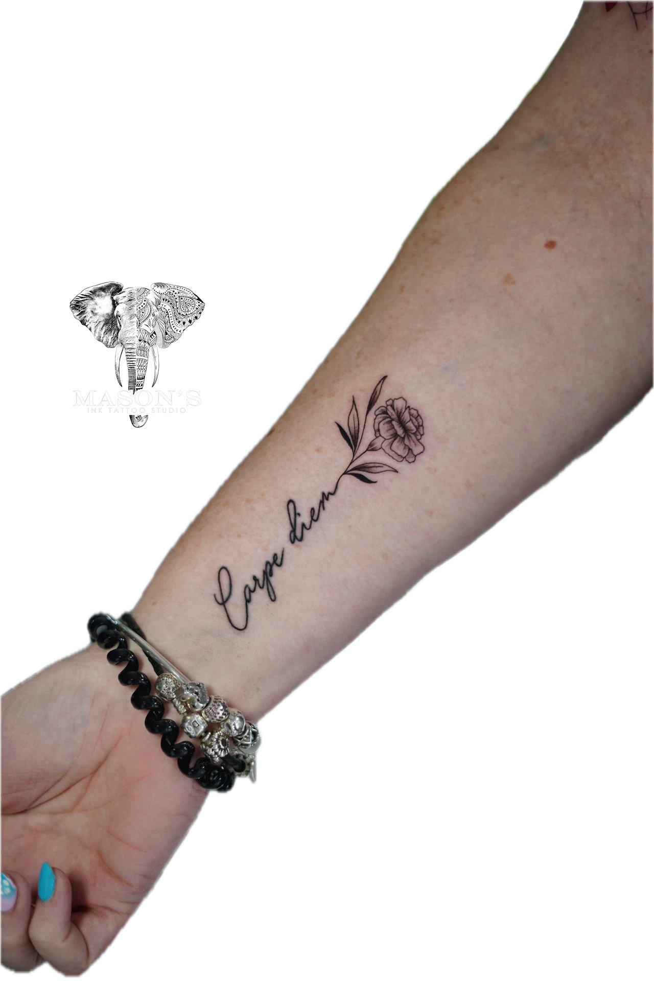 Fine Line & Flower Carpe Diem tattoo by Mason's Ink Tattoo Studio, Bali