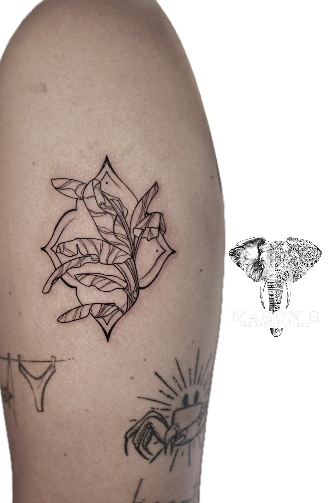 Fine Line Banana Leaf tattoo by Mason's Ink Tattoo Studio, Bali