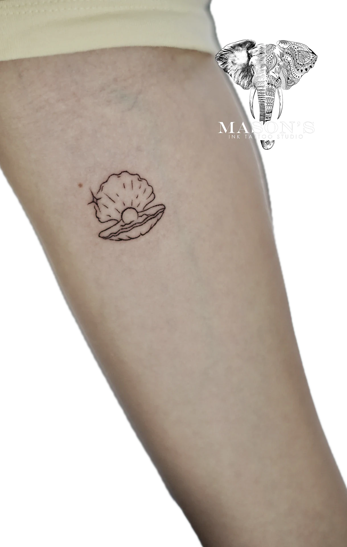 Fine Line Clam tattoo by Mason's Ink Tattoo Studio, Bali