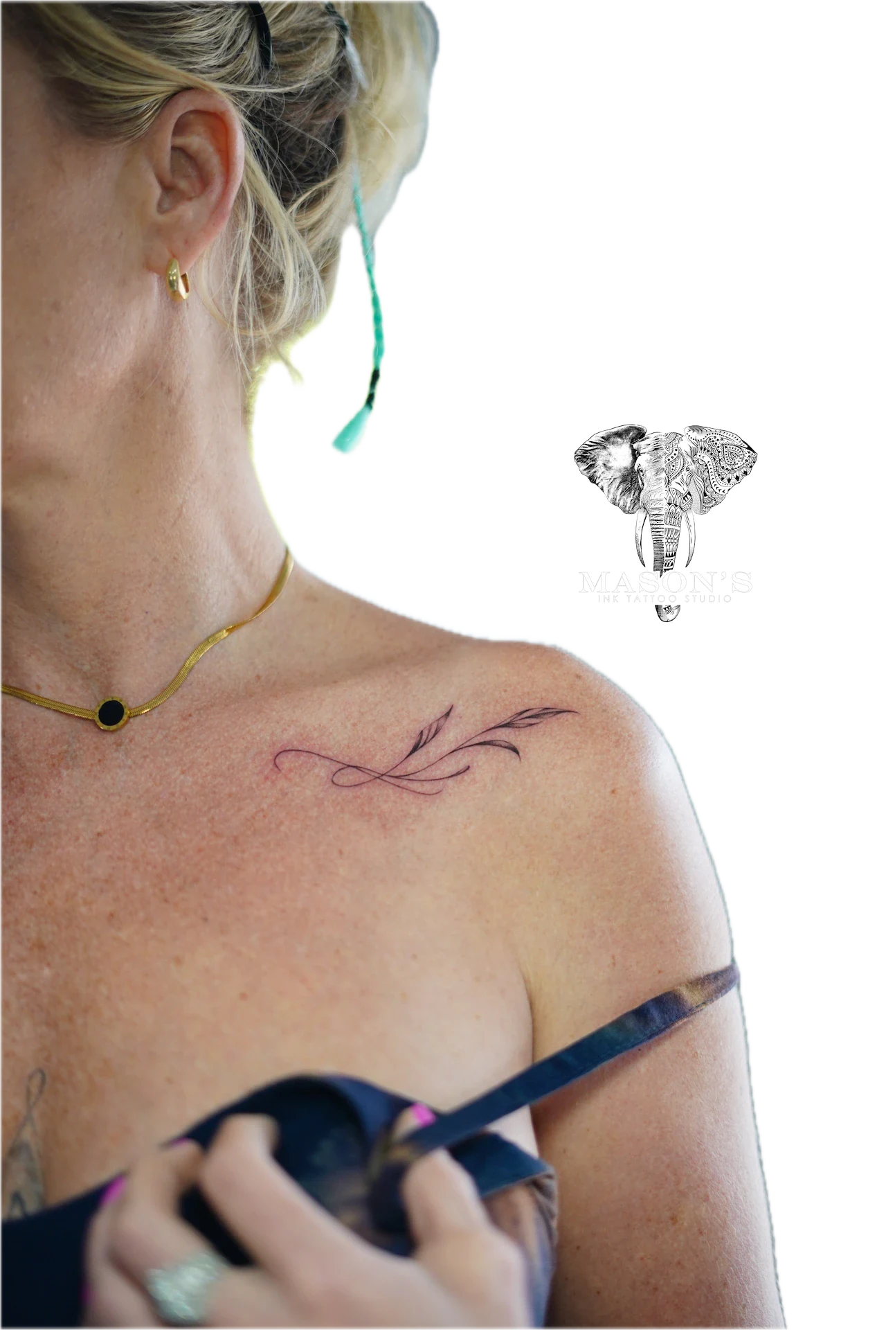 Fine Line Leaf Cest tattoo by Mason's Ink Tattoo Studio, Bali