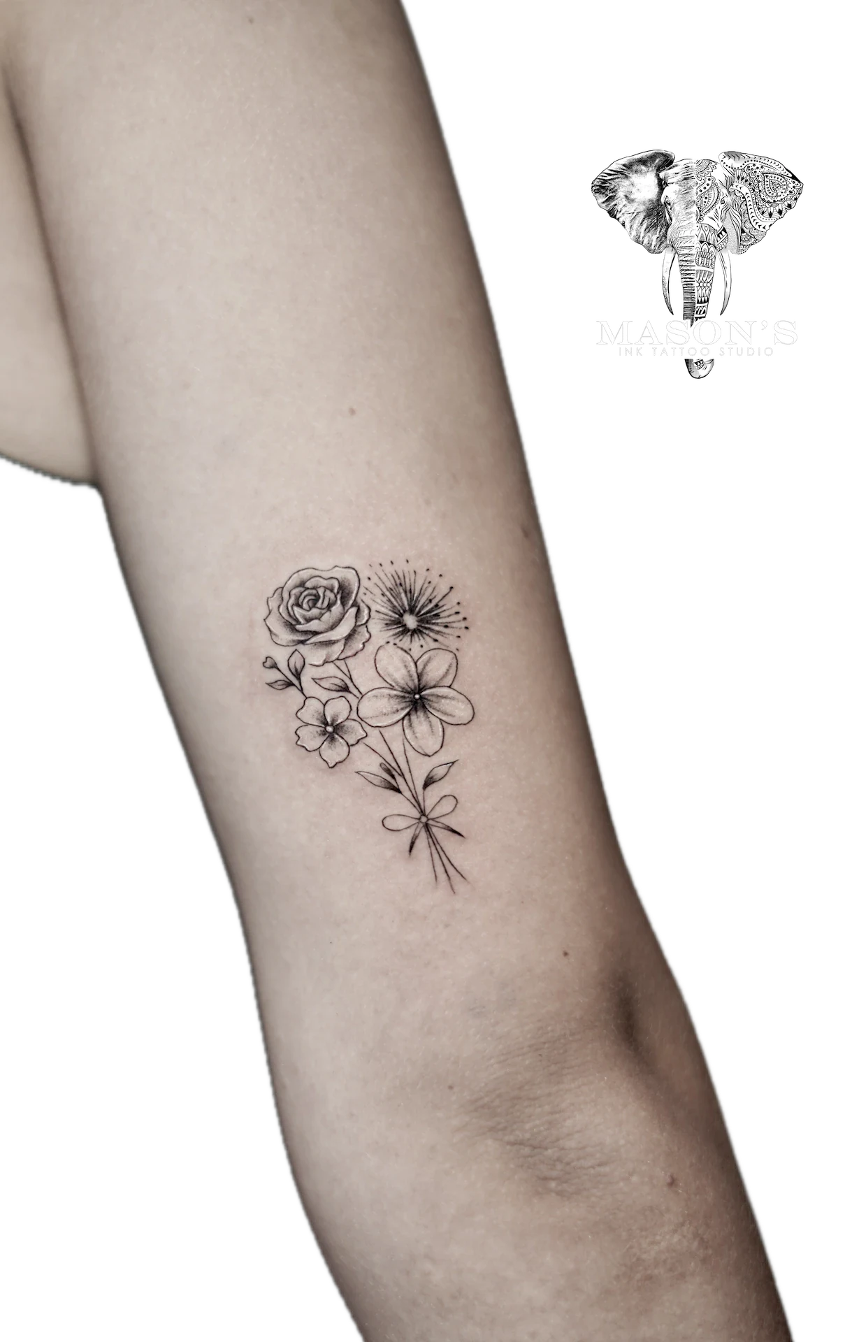 Flower Fine Line tattoo by Mason's Ink Tattoo Studio, Bali