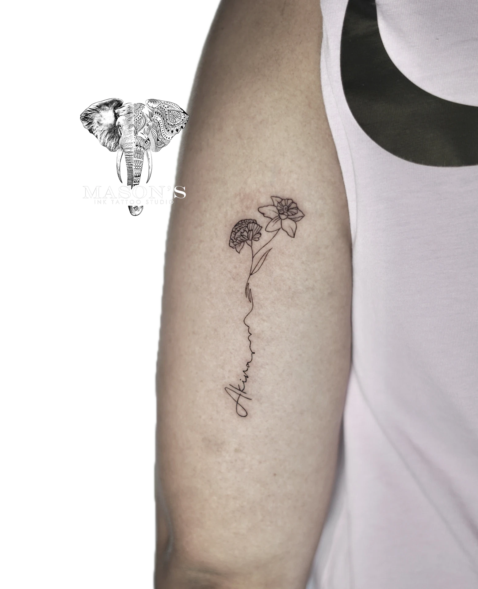 Flower Script Fine Line tattoo by Mason's Ink Tattoo Studio, Bali
