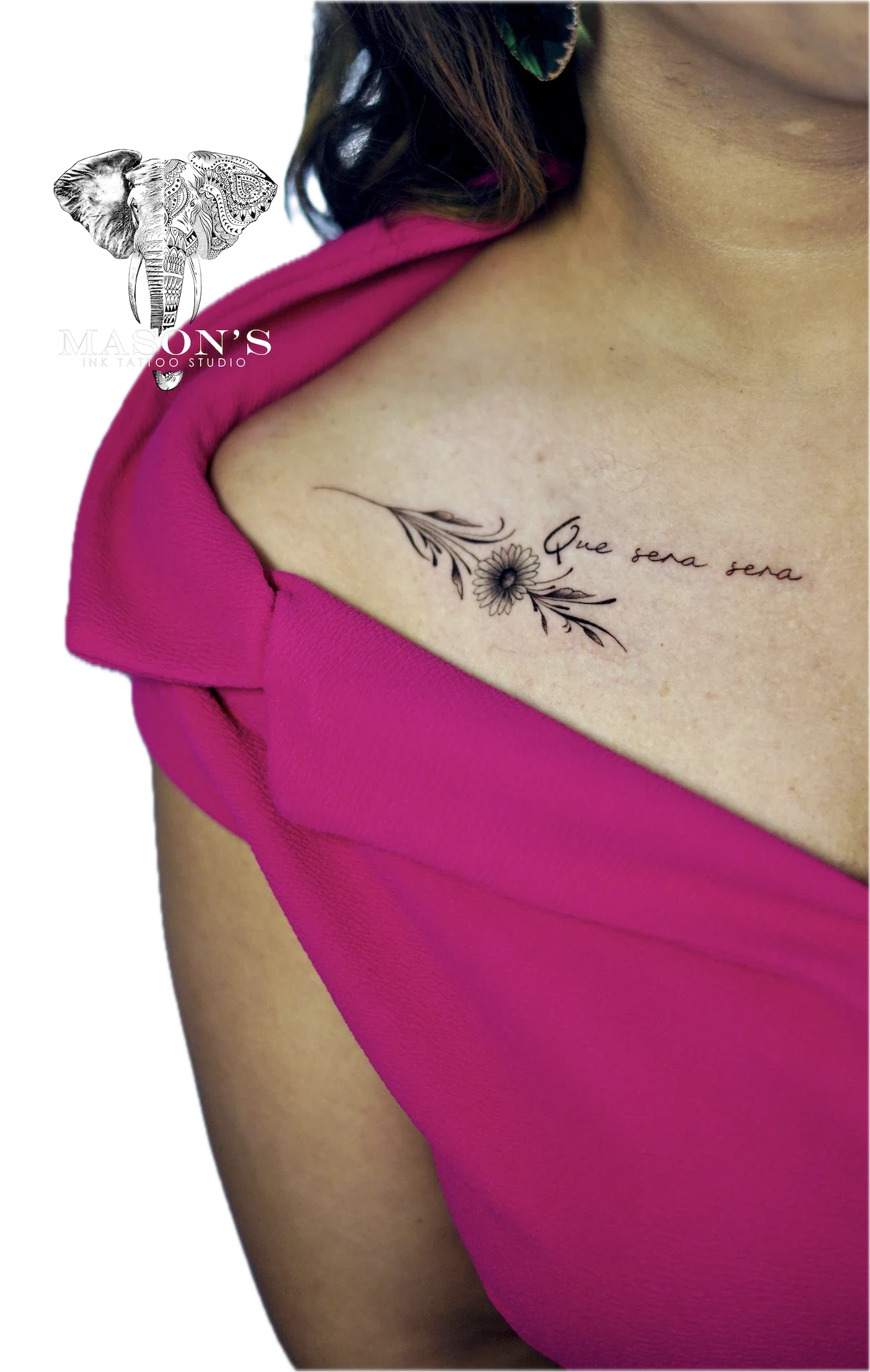 Flower and Script Que Sera Sera tattoo by Mason's Ink Tattoo Studio, Bali