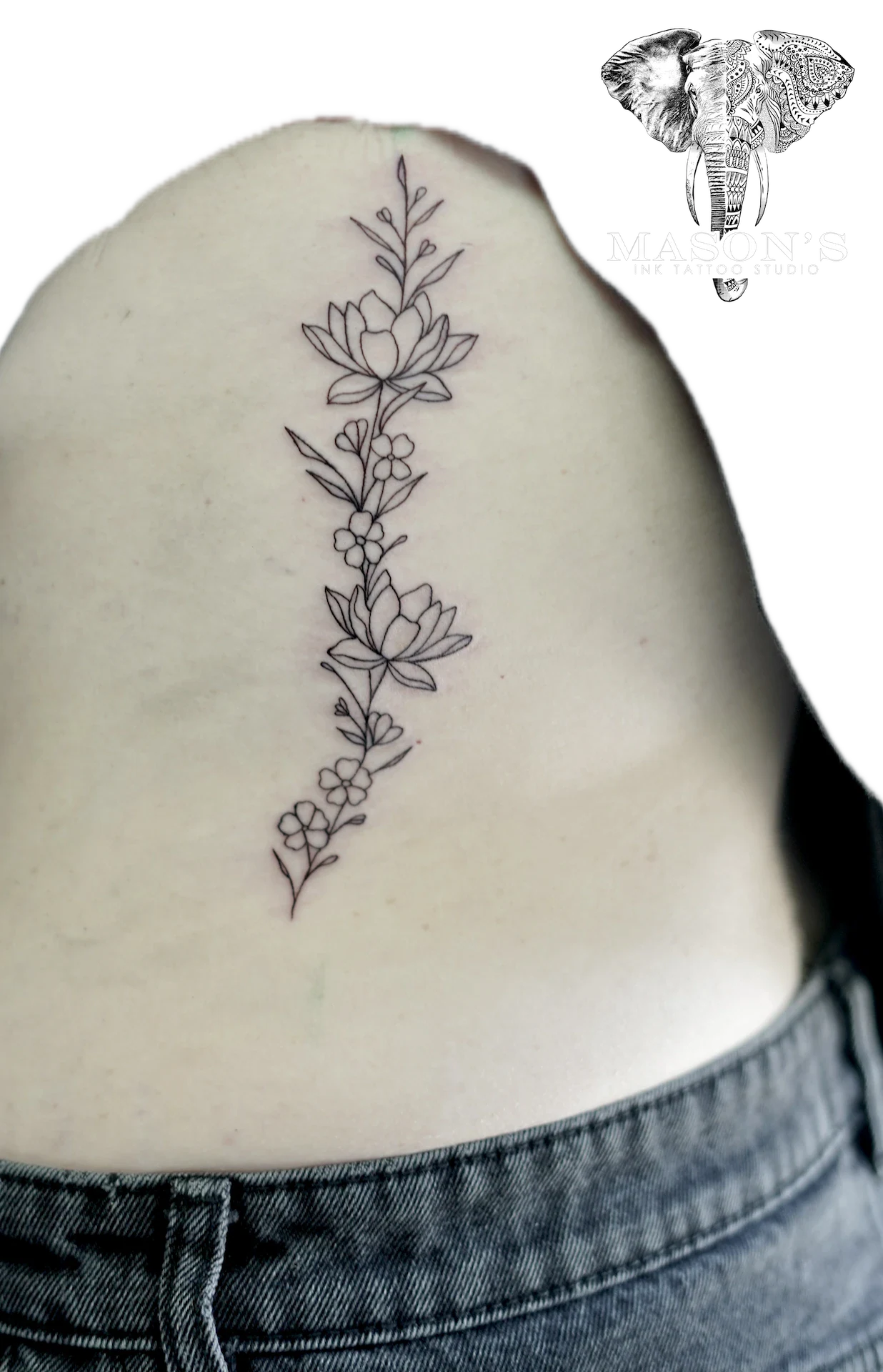 Long Flower and Leaf Floral tattoo by Mason's Ink Tattoo Studio, Bali