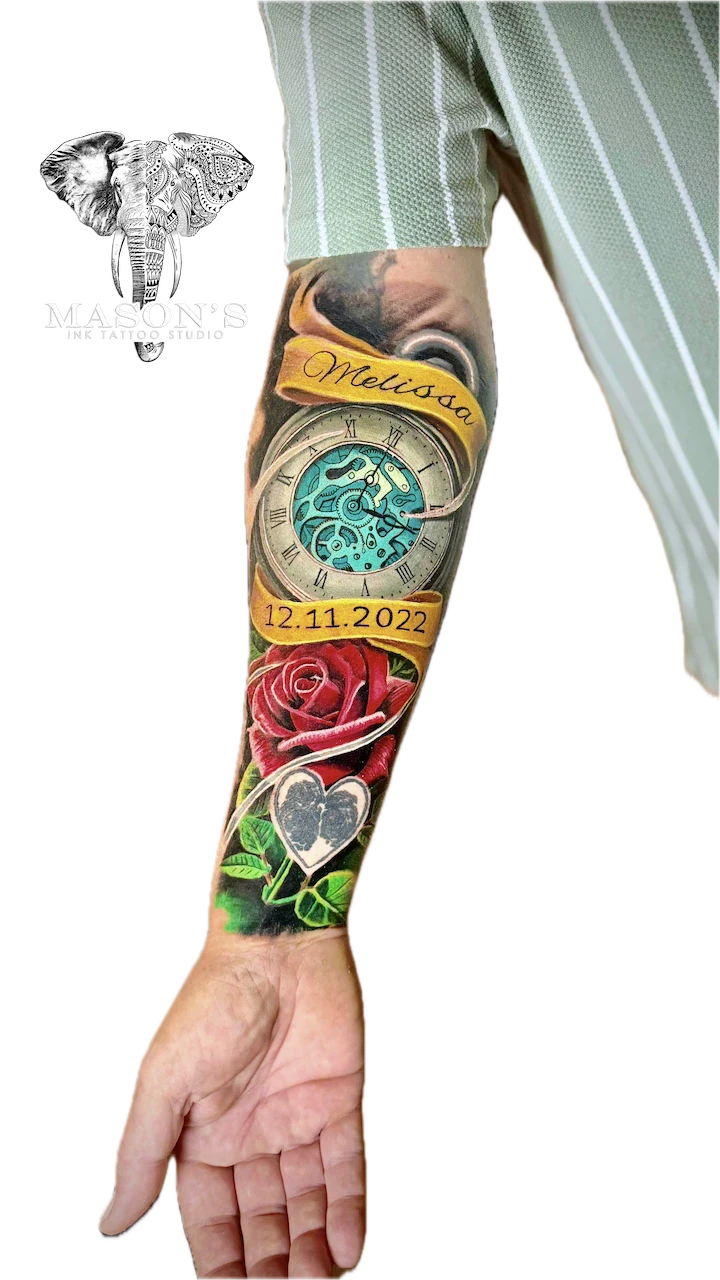 Realism Engine and Rose Flower Tattoo with Script - Floral tattoo by Mason's Ink Tattoo Studio, Bali