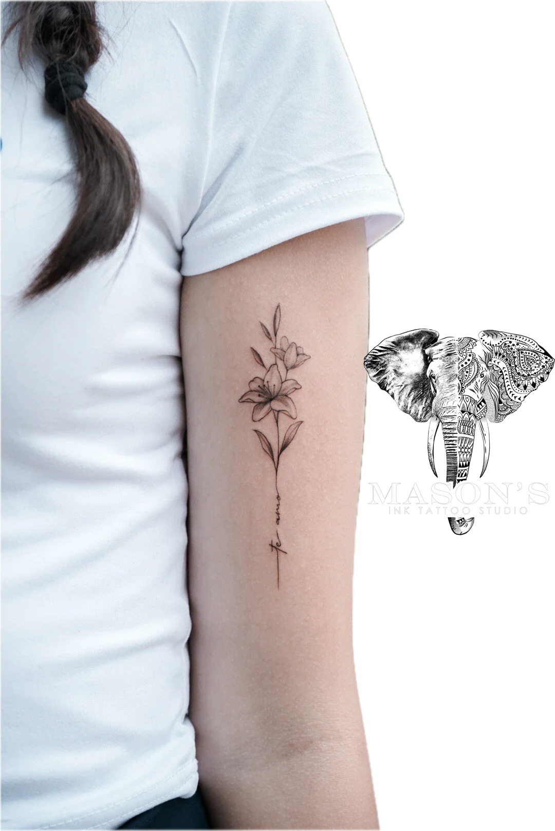 Floral Tattoo Style Design: a delicate flower with a cross and seeds on a forearm