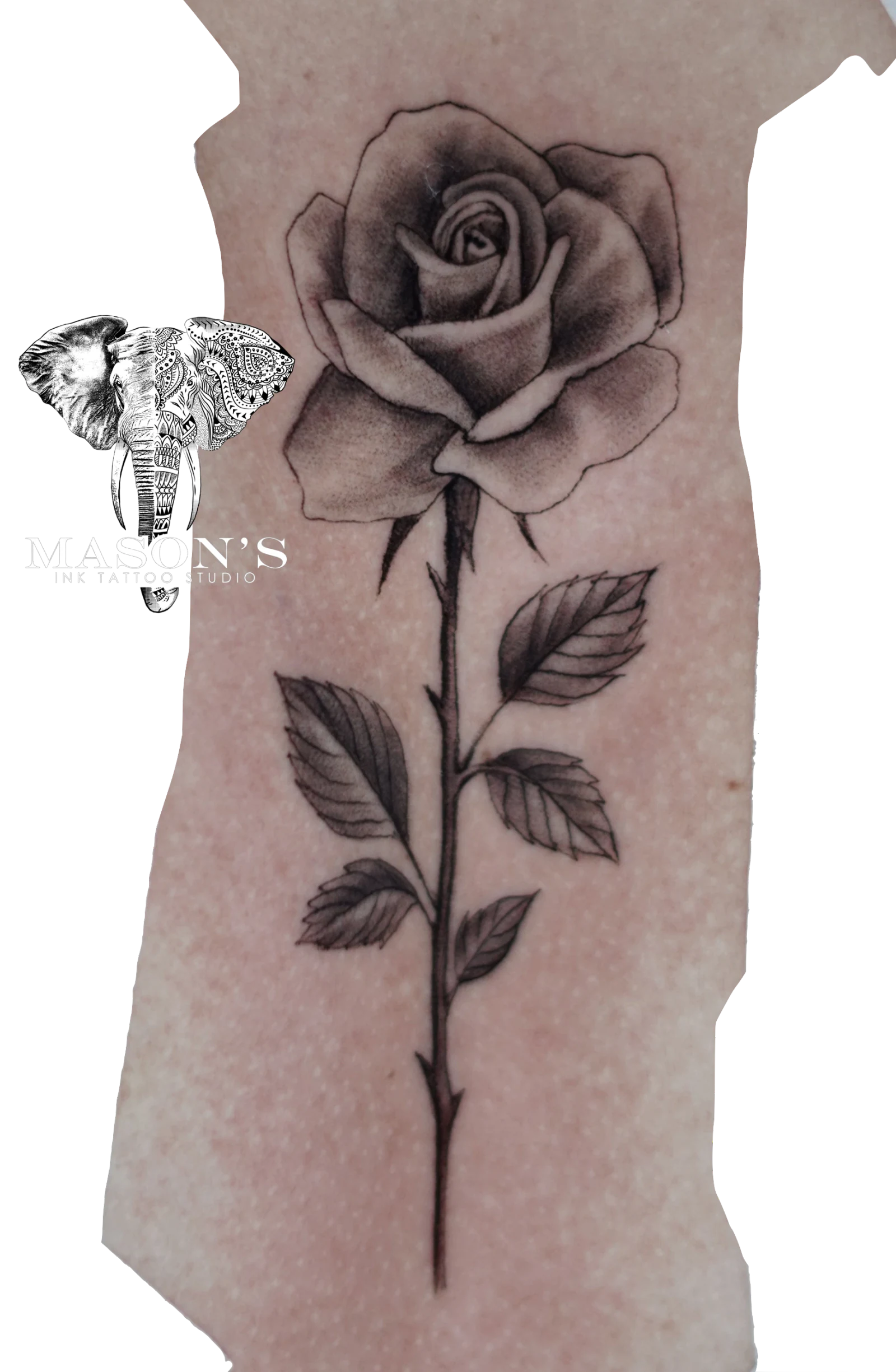 Floral Rose Tattoo Design: a detailed black and grey rose tattoo with stem and leaves
